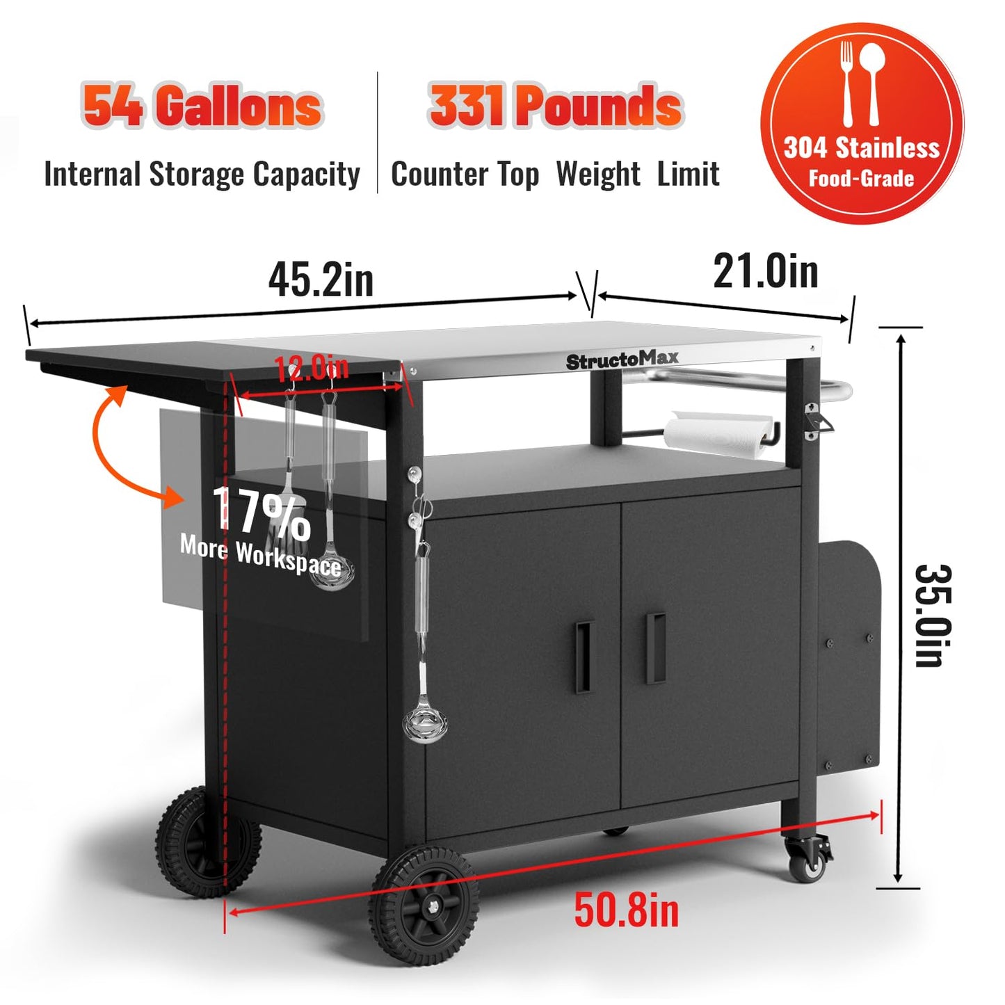 StructoMax XL Outdoor Grill Cart with Cabinet, Extra-Wide Stainless Steel Table Top, Large Spice Rack & Lockable Wheels, Outdoor Kitchen Island Grill Table for BBQ, Cooking & Prep