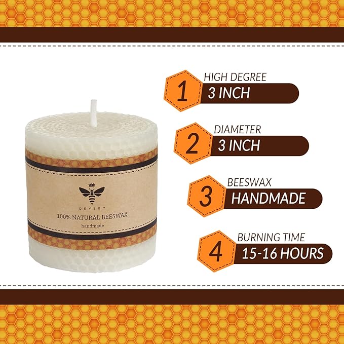 White Beeswax Pillar Candle - Handmade Pure Beeswax Rolled Candle for Gift & Home Decor (3×3 in)