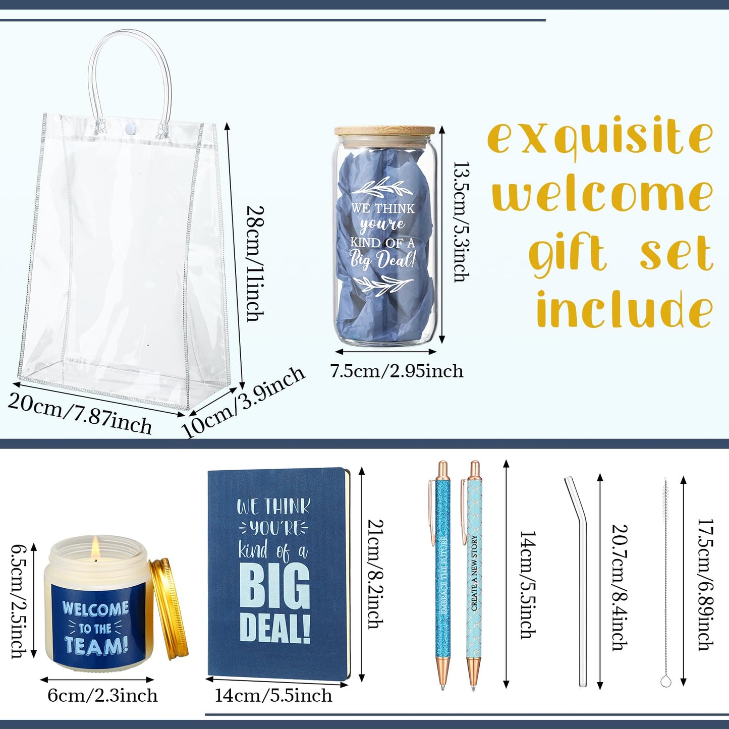 Thenshop 6 Pcs Welcome to the Team Gifts Bulk for New Employee Inspirational Glass Tumbler Notebook Pens Scented Candle with PVC Bag Employee Appreciation Gift Sets for New Coworker Office(Blue)