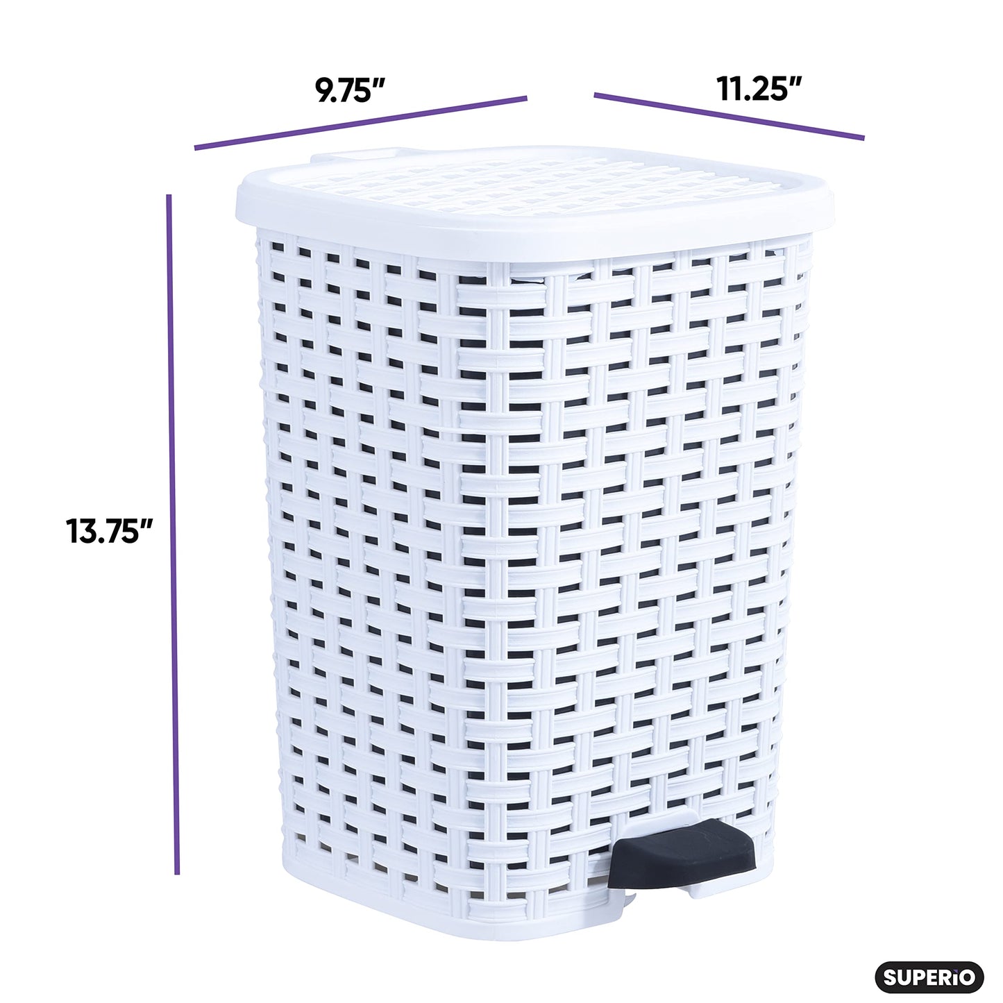 Superio Small Outdoor Trash Can with Lid for Dog Poop 3 Gallon/12 L Mini Plastic Garbage Can with Foot Pedal for Bathroom, Bedroom, Office, Patio, Wicker White, 8 Pack