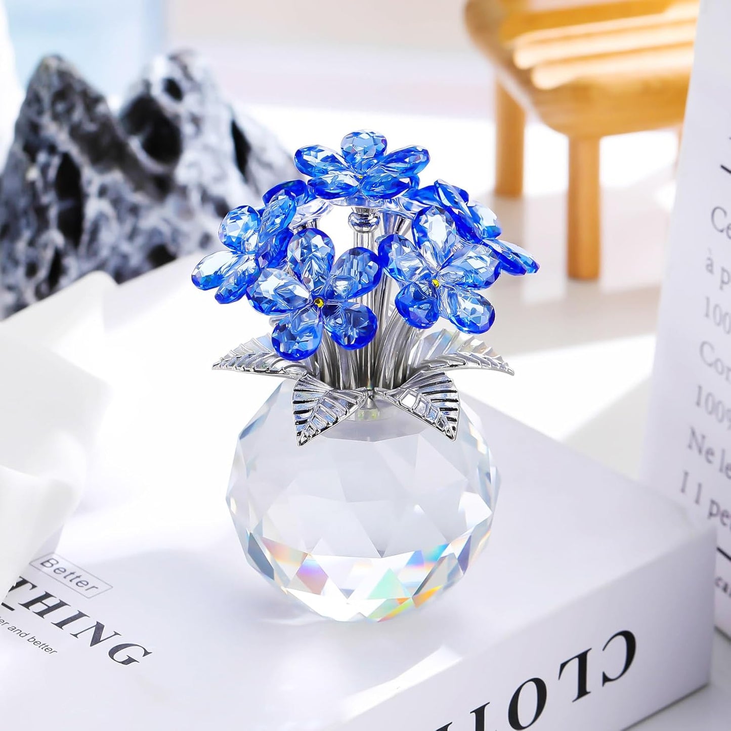 YWHL Blue Crystal Forget-Me-Not Flowers | Handmade Glass Flower Bouquet Figurine for Tabletop Decor