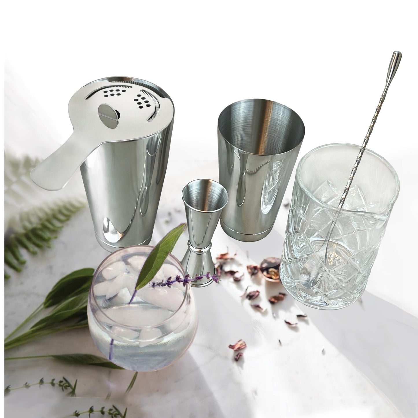 Lily's Home 6-Piece Boston Cocktail Shaker Set: Boston Shaker Cocktail Set,Mixing Glass, Mixing Spoon,Dual Sided Jigger and Stainer,for Home Mixology,Cocktail Lovers & Beginner
