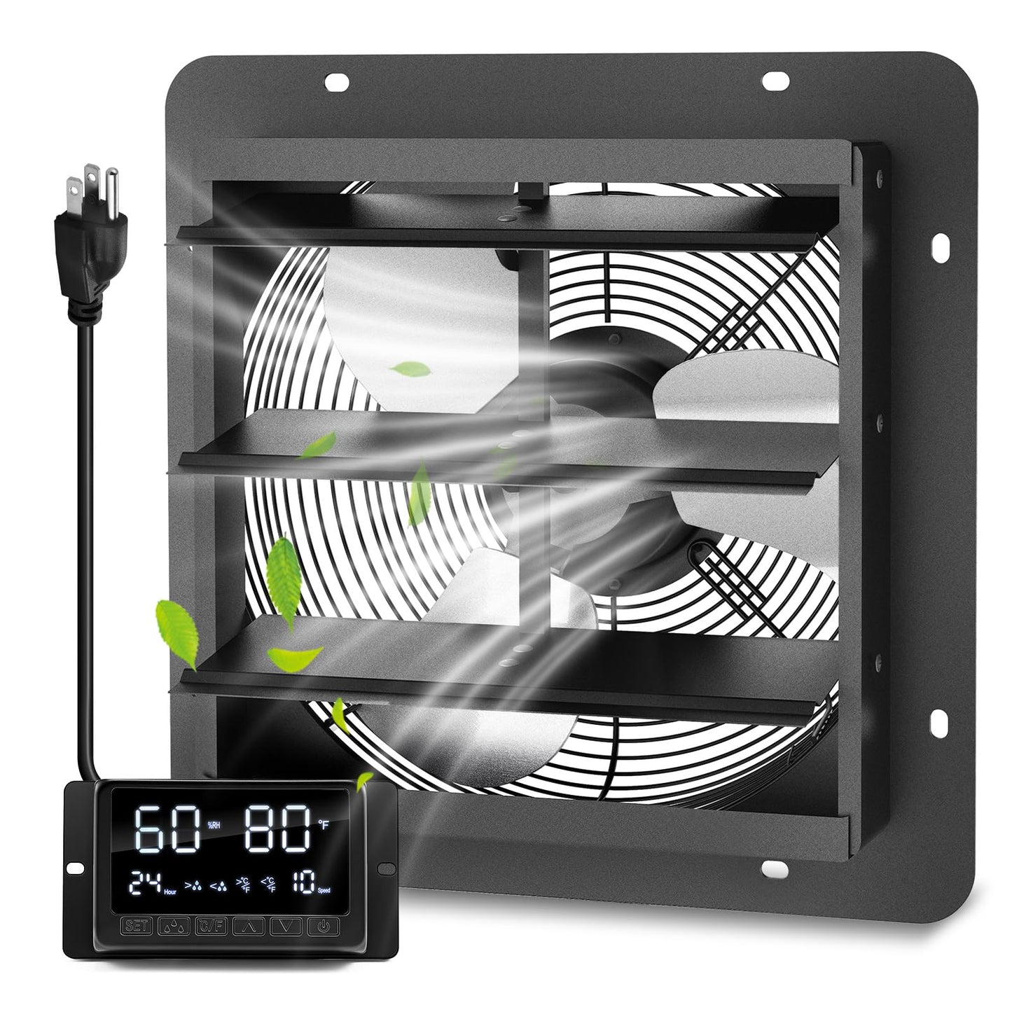 12" Wall Mounted Shutter Exhaust Fan with Thermostat - Temperature Humidity Controller, EC Motor, Aluminum Auto Shutter Ventilation Fan, Attic Vent Fan, Coops, Greenhouse, Barn, Shed Ventilator