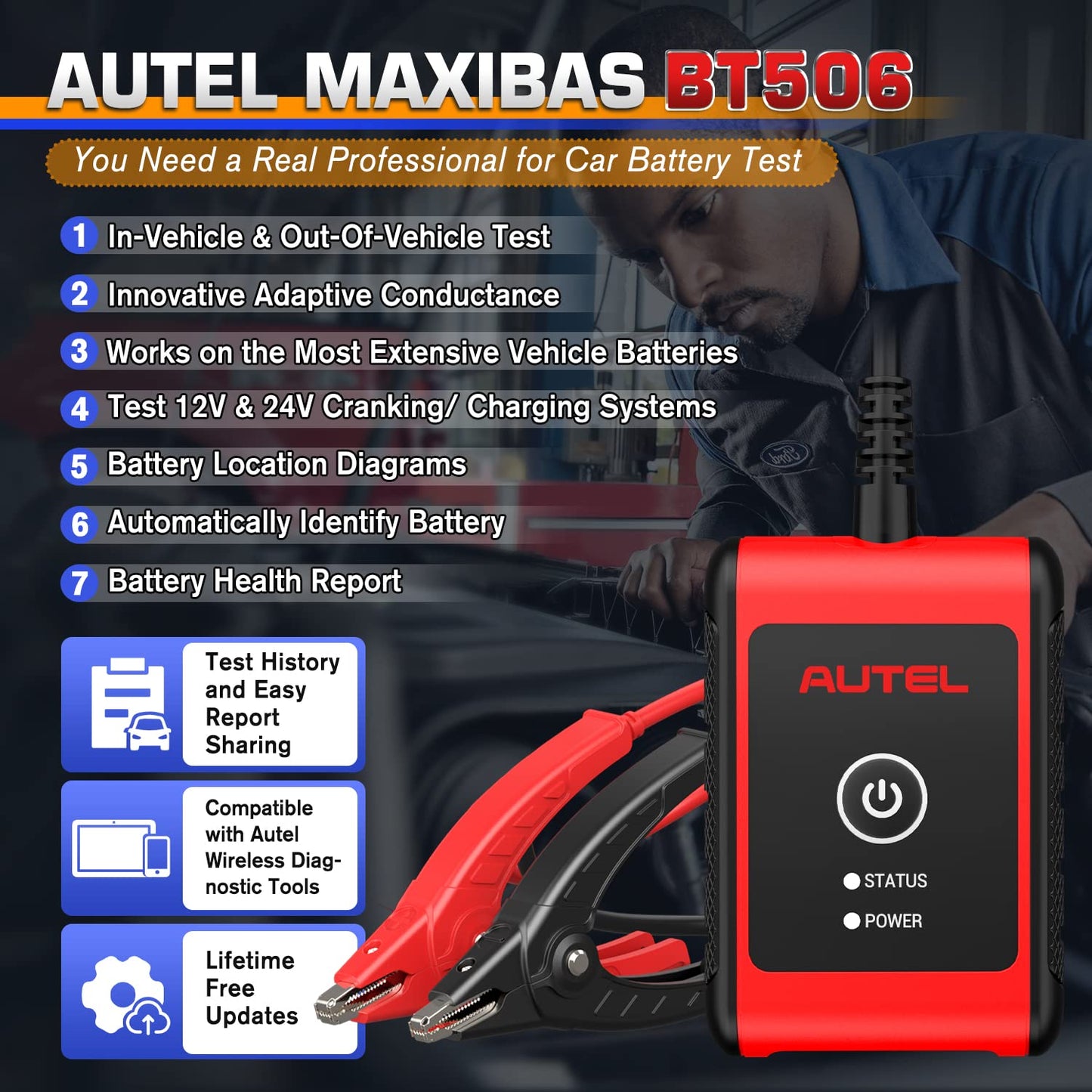 Autel MaxiBAS BT506 Battery Tester, 6V 12V 100-2000 CCA Auto Battery Test Tool, Cranking Charging Electrical System Analyzer, Top Accuracy Adaptive Conductance, in & Out-of-Vehicle Test for All Cars