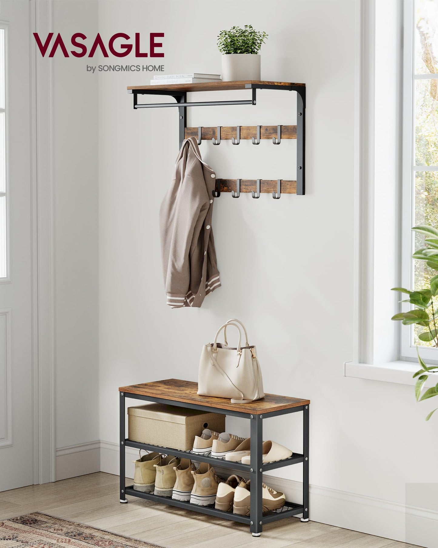 VASAGLE 3-Tier Shoe Rack, Shelf Storage Bench with Metal Mesh Shelves and Seat, Free Standing Shoe Organizer for Entryway, 11.8 x 28.7 x 17.7 Inches, Rustic Brown and Black ULBS73X