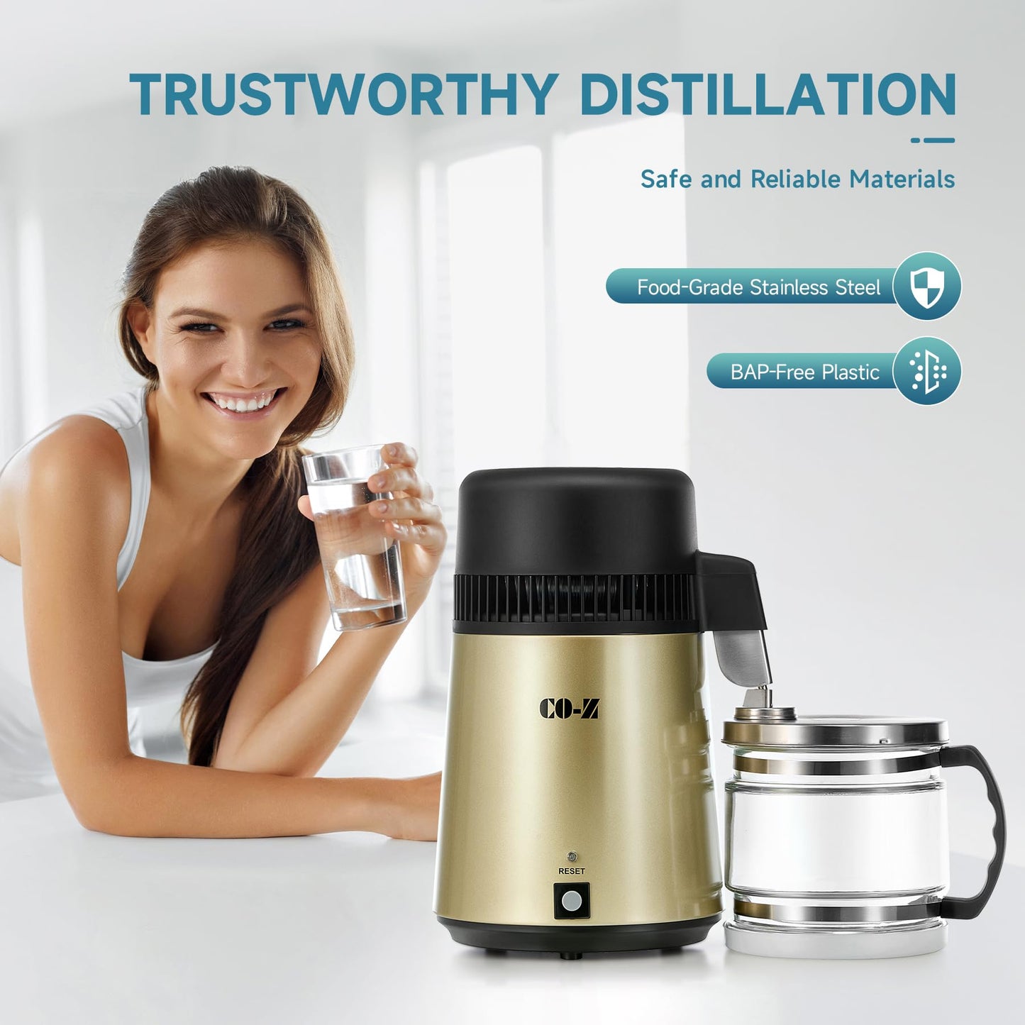 CO-Z Water Distiller, Stainless Steel Distilling Pure Water Machine for Home Countertop Table Desktop, 4L Distilled Water Making Machine, 4 Liter Water Purifier to Make Clean Water for Home