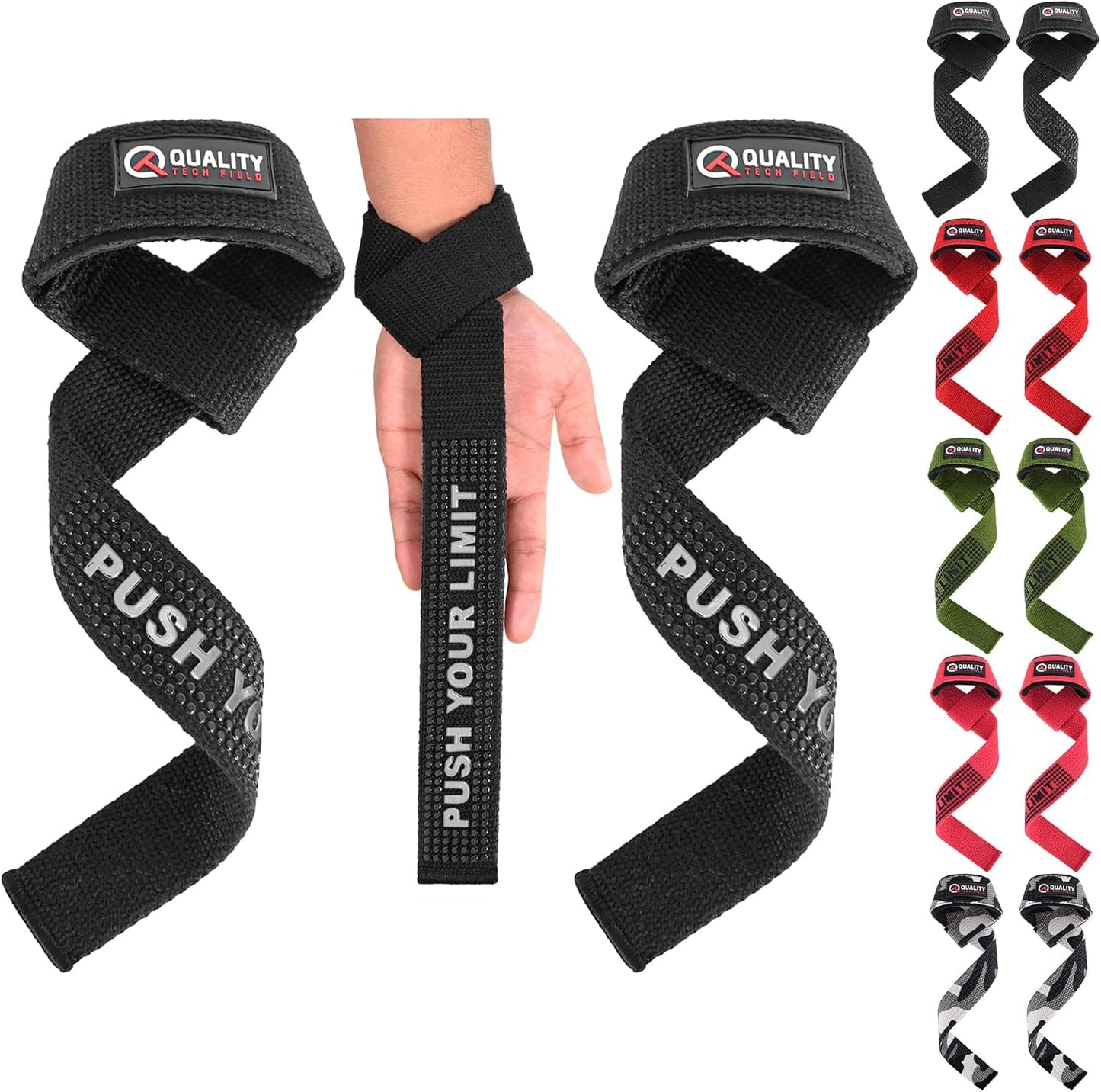 QTF Lifting Wrist Straps for Weightlifting, Gym Wrist Wraps Padded Wrist Support Wraps, Bodybuilding, Powerlifting, Deadlifting and Secure Grip (Black)