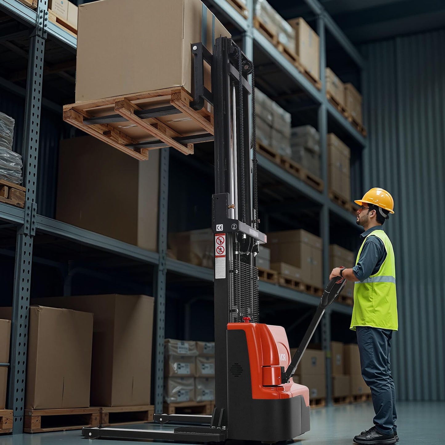 VEVOR Full Electric Pallet Stacker, 3300 lbs Capacity, 98.4'' Lifting Height, Pallet Lift Stacker Forklift with Straddle Legs & Forks, 8.66-31.1 Inches Adjustable Fork Width, Orange & Black