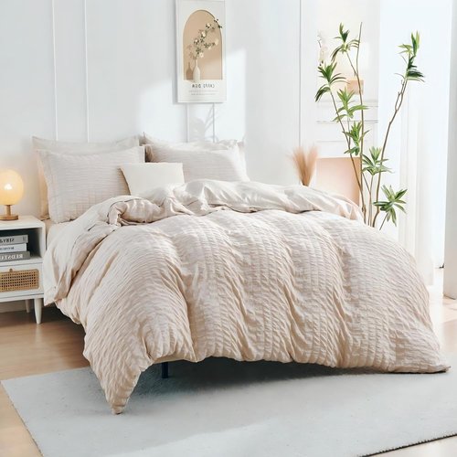 HYMOKEGE Ultra Soft Beige Duvet Cover Set - 3-Piece Queen Size with Zipper Closure & 8 Corner Ties (90"x90")