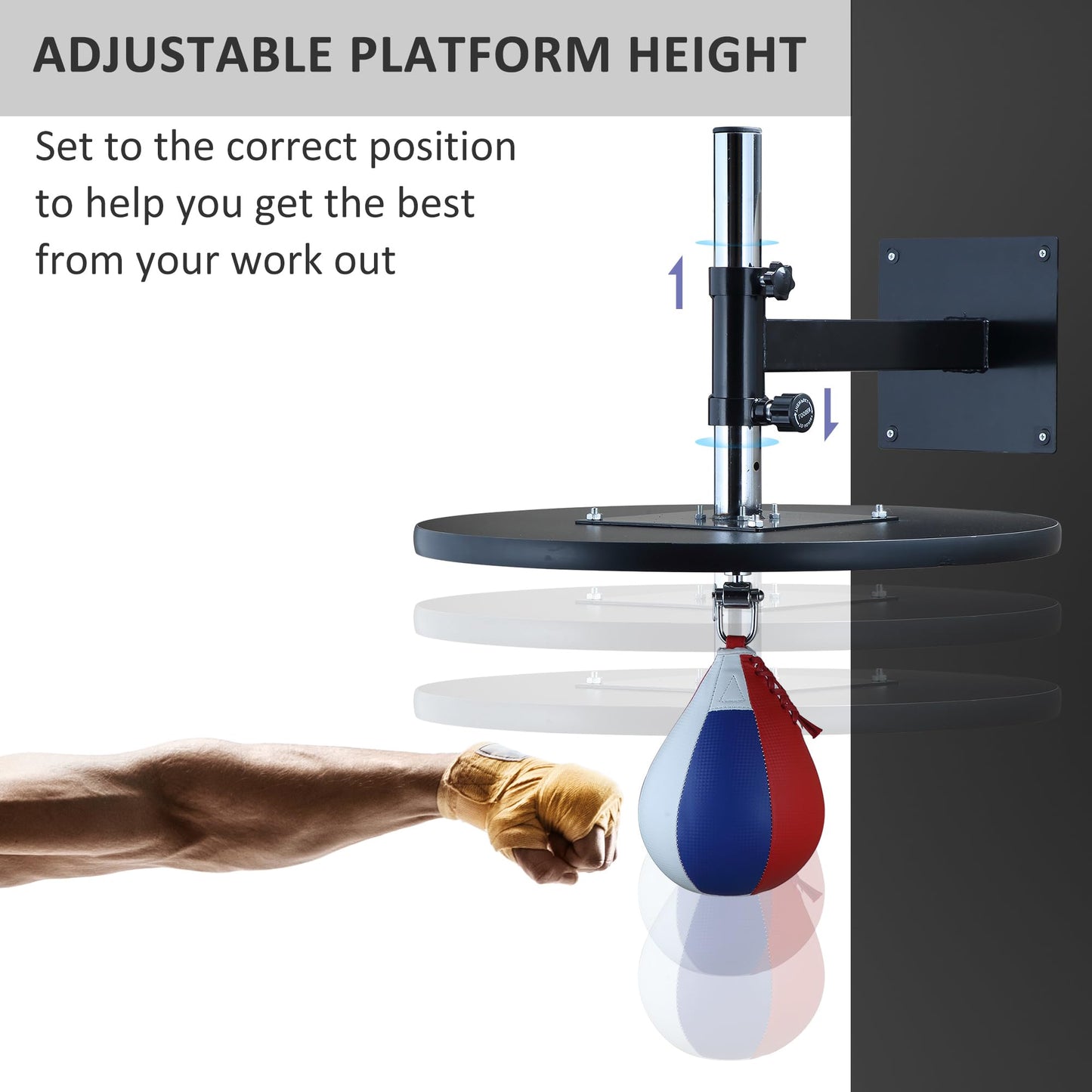Soozier Speed Bag Boxing Punching Bag Wall Mount Height Adjustable, MMA, Martial Arts, and Boxing Equipment for Training at Home, Heavy-Duty Steel Platform, Strong Plastic Leather, 9" H x 7" Dia.