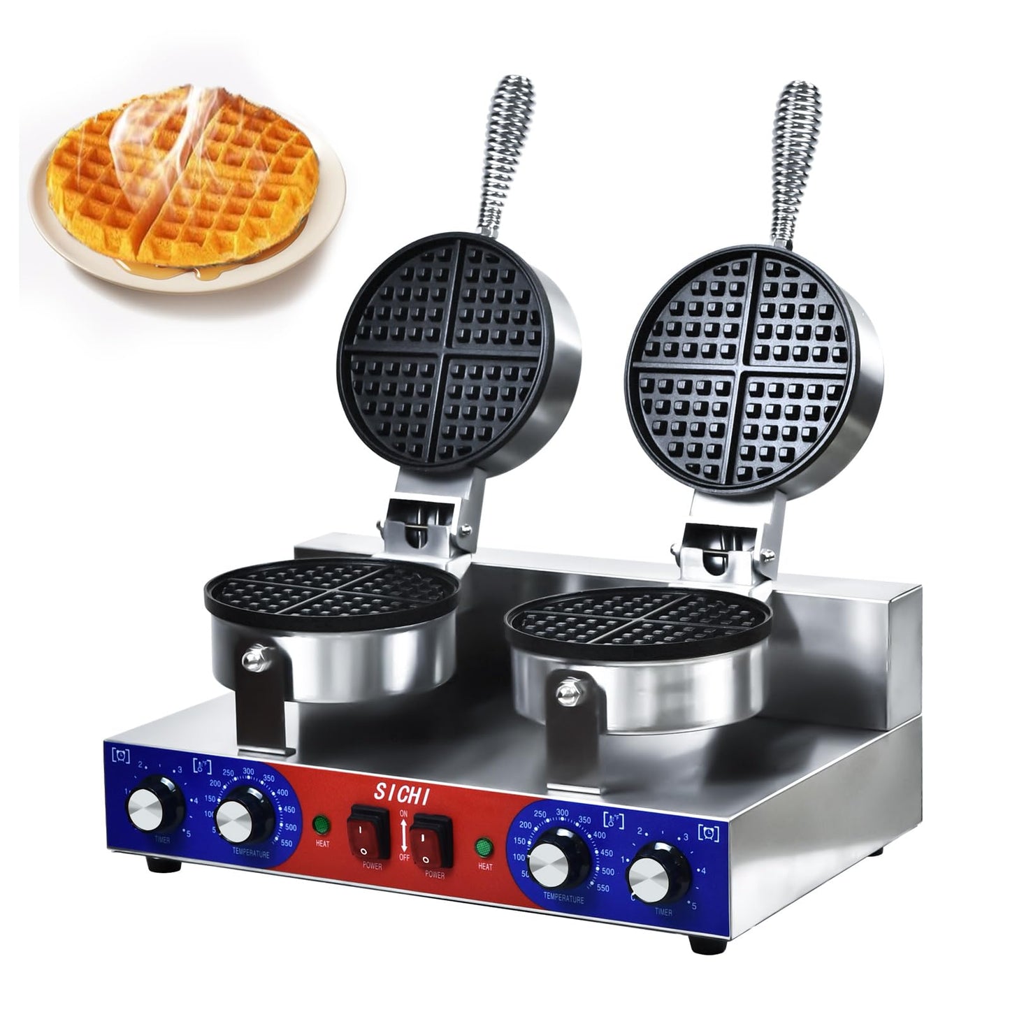 HTTSICHI Waffle Maker - Commercial Waffle Iron w/Two Non-stick 7 in Baking Pans, 550 ℉ Temperature and Timers, 2400W Dual Waffle Machine for Double Baking, Stainless Steel Waffle Maker for Restaurant