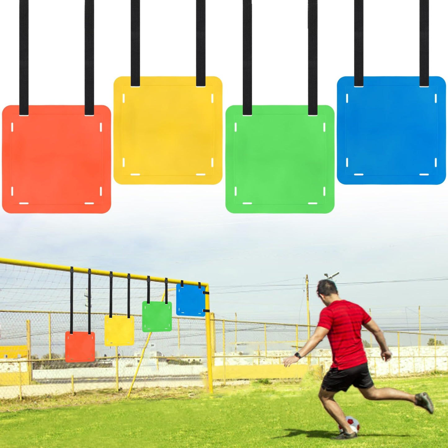 TOBWOLF 4-Piece Soccer Goal Target Set with Adjustable Straps, Square Targets (12" Sides) in Red, Green, Blue, Yellow, TPE Material for Soccer, Lacrosse, Hockey, Baseball Training
