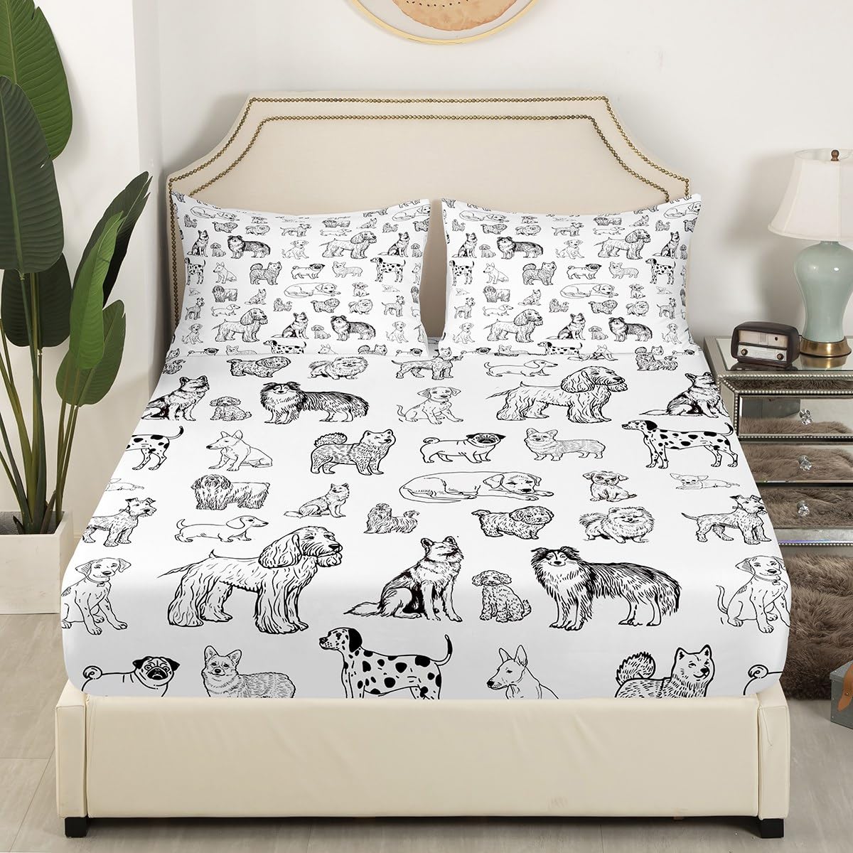 Cartoon Dog Fitted Sheet Queen Size Black White Dog Puppy Sketch Bedding Set 3Pcs for Kids Girls Boys Adult Room Decor Cute Pet Animals Bed Sheet Soft Lightweight Deep Pocket Sheet,2 Pillowcase