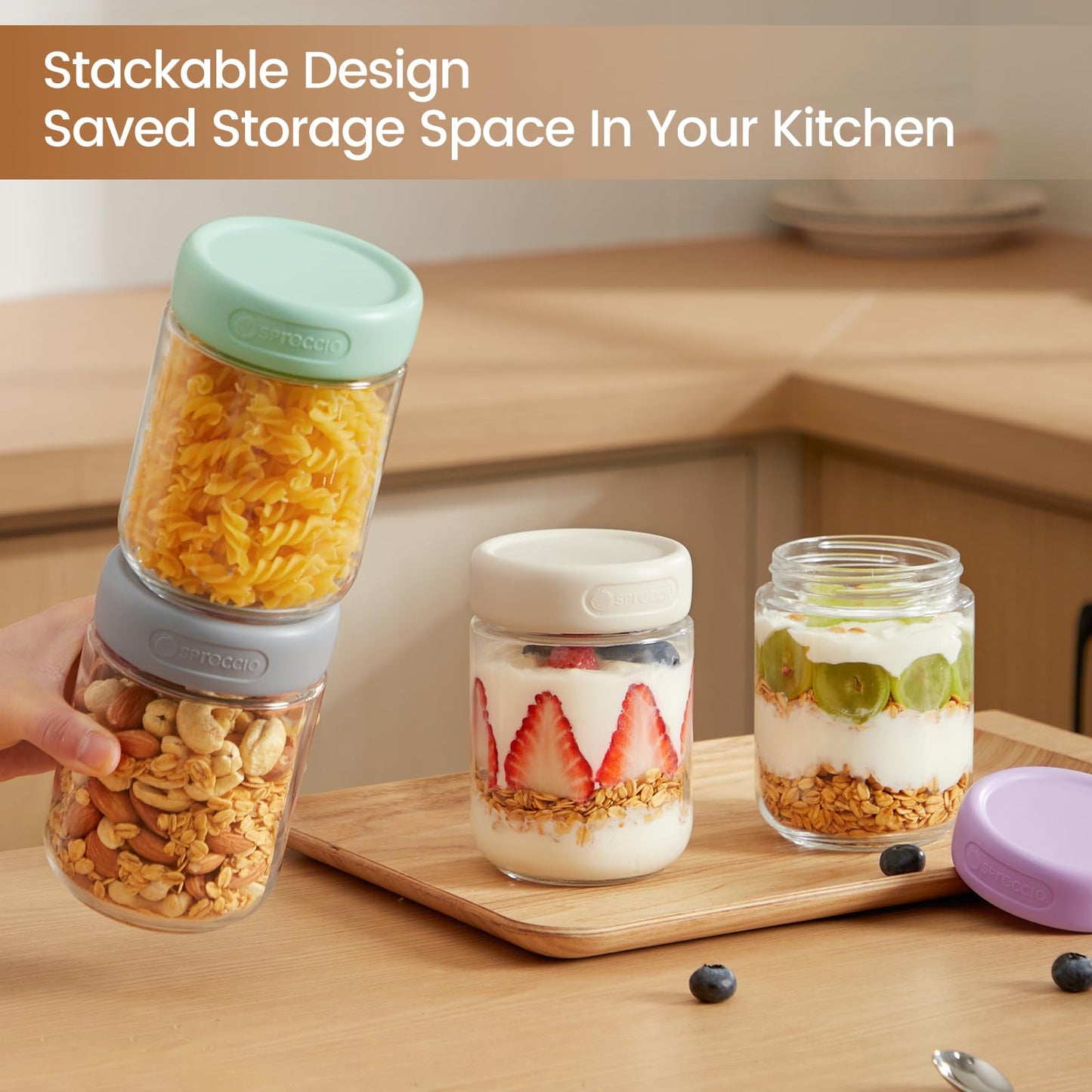 Spreccio 6 Pack 16oz Glass Jars with Lids, Overnight Oats Containers with Lids, Yogurt Jars for Chia Pudding Salad Cereal Coffee Seed Kimchi Jam Spices
