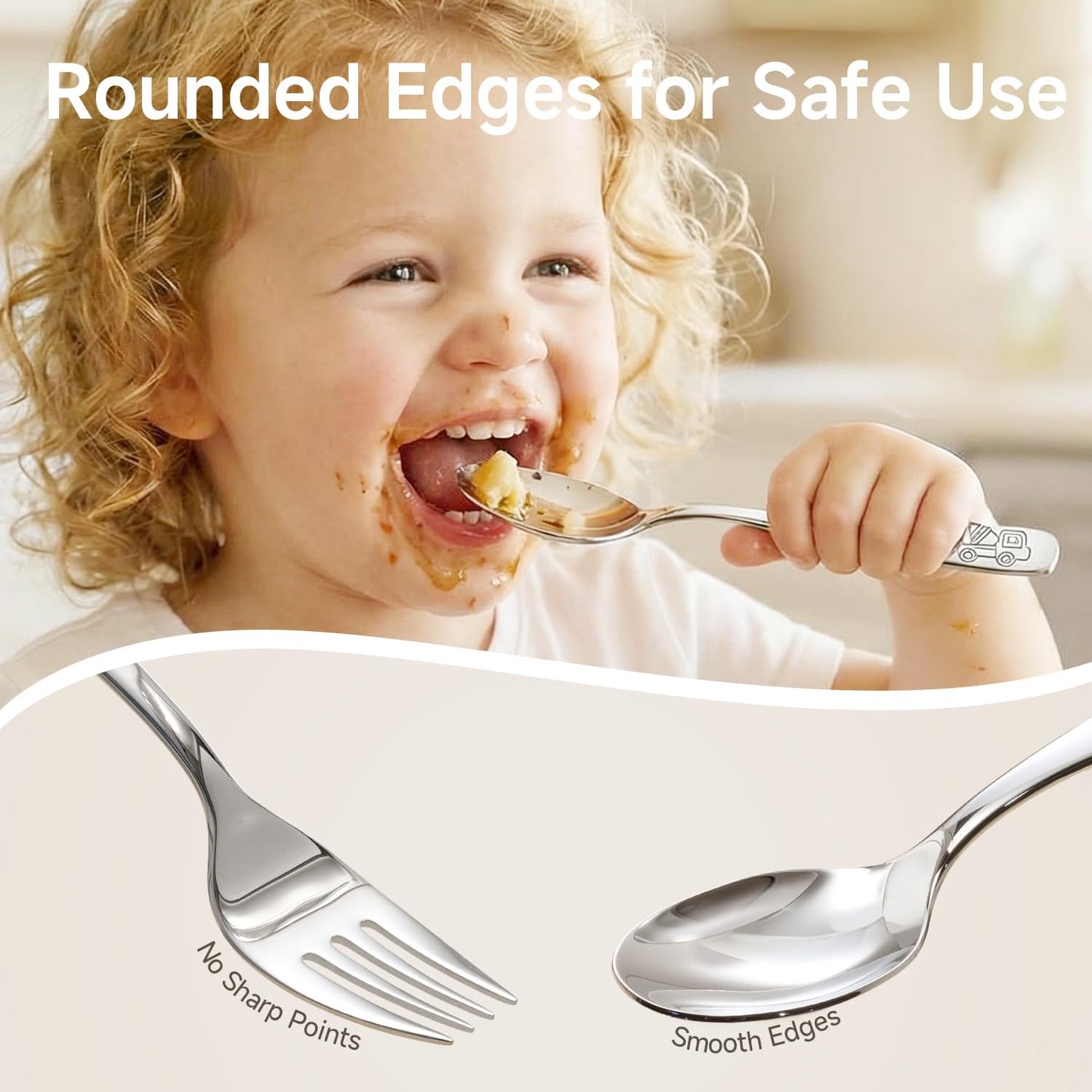KINGSTONE Toddler Utensils Set with Case, 18/10 Stainless Steel Kids Silverware - Small Fork & Spoon, Construction Vehicle, Digger & Dump Truck Food-Grade Toddler Dishes, Dishwasher Safe