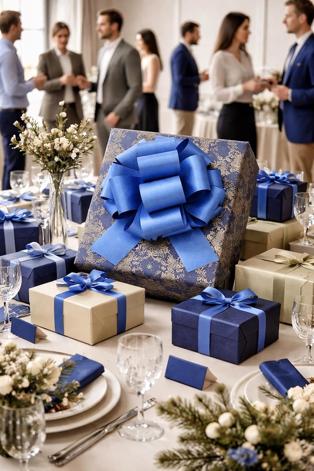 Skiennix Large Royal Blue Pull Bow - 14 Inch Glitter Ribbon Bow for Gifts, Parties & Home Decor