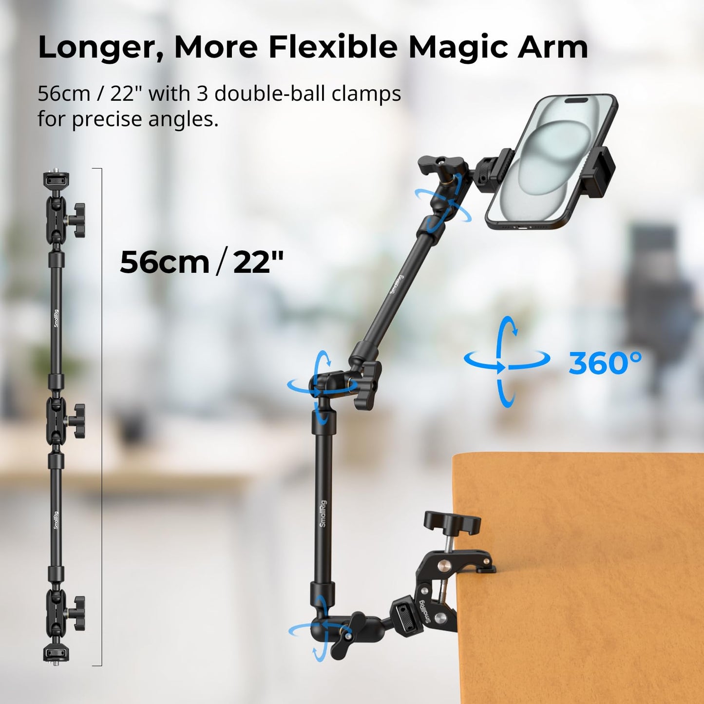 SMALLRIG 22" Magic Arm Clamp, Overhead Phone Mount Holder Stand, Flexible Desk Camera Mount, Articulating Friction Boom Arm, for POV Shot, Filming, Light, Webcam, Action Camera