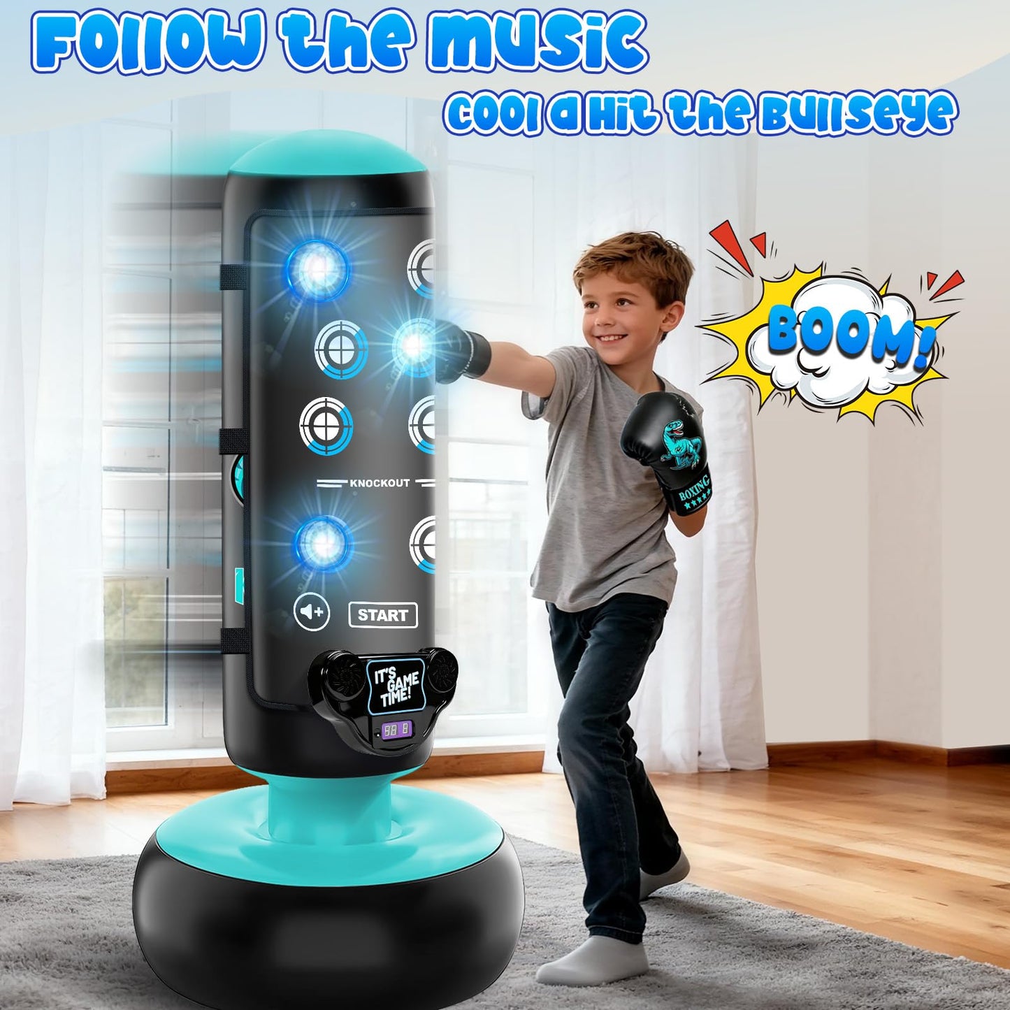 Punching Bag for Kids, 66 Inch Inflatable Boxing Bag with Boxing Gloves, Kid Boxing Set with Scoring, Light, Music, Stand Kids Punching Bag Toy for Age 4-12, for Practicing Karate, Taekwondo, MMA