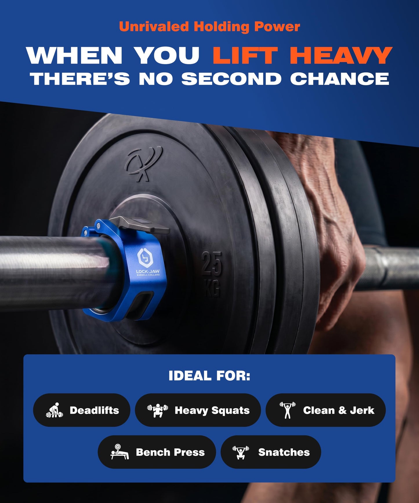 Lock-Jaw Metal Barbell Collars (Blue) Barbell Clamps - 1 Pair Heavy Duty Bar Clamps for 2” & 50mm Olympic Bars – Secure Weight Bar Clamps for Strength Training & Home Gym Accessories – Quick Release