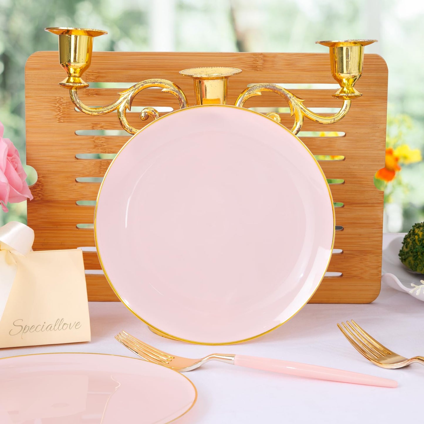 LIYH 96 Pcs Pink Gold Disposable Dessert Plates & Forks Set - 7.5 Inch Salad Cake Appetizer Plastic Plates for Parties, Birthdays, Baby Showers 48 Guests