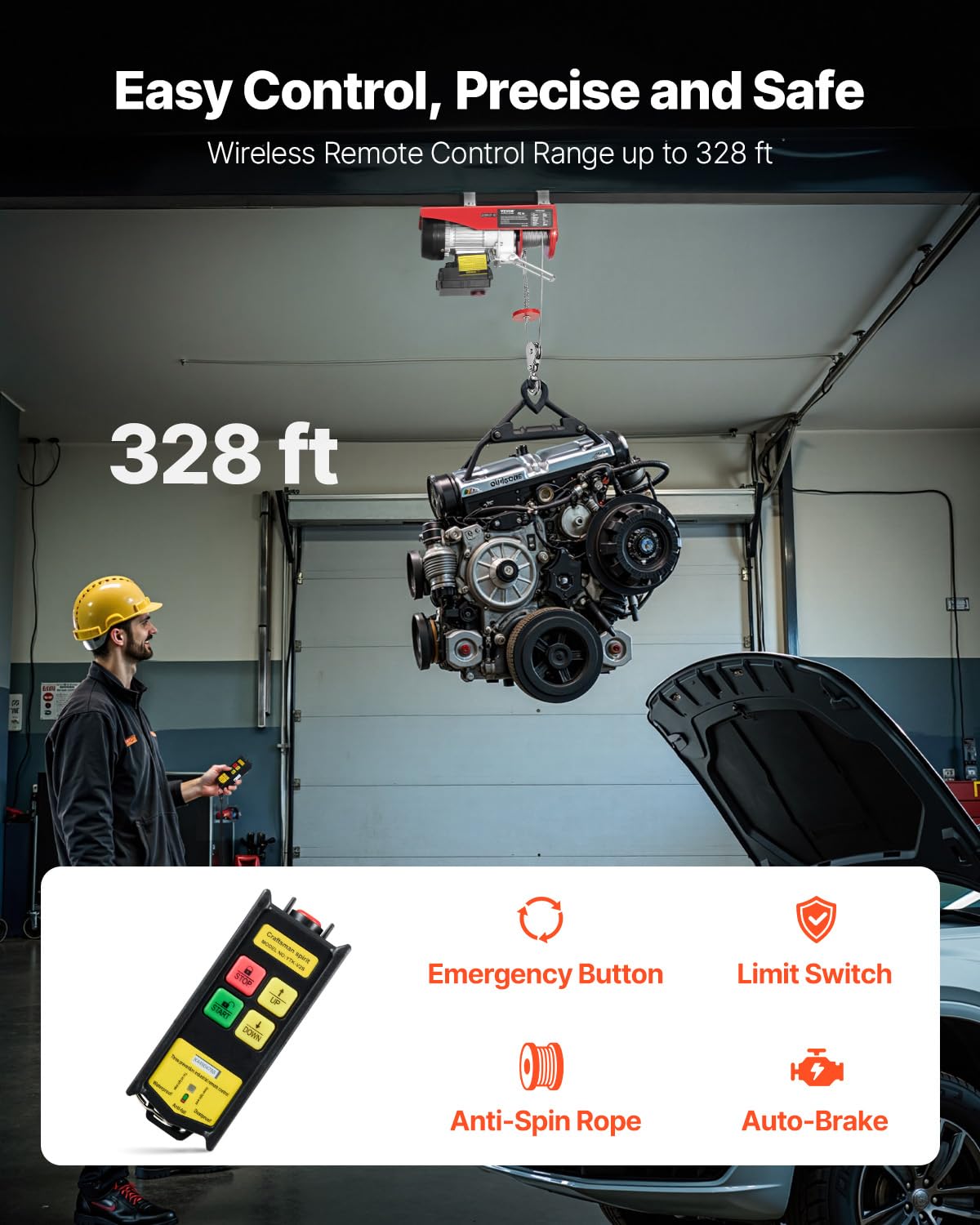 VEVOR Electric Hoist with Wireless Remote Control, 110v 440lbs Electric Hoist with Remote Control, 40ft/20ft Lifting Height Motor, for Garage Warehouse Factory
