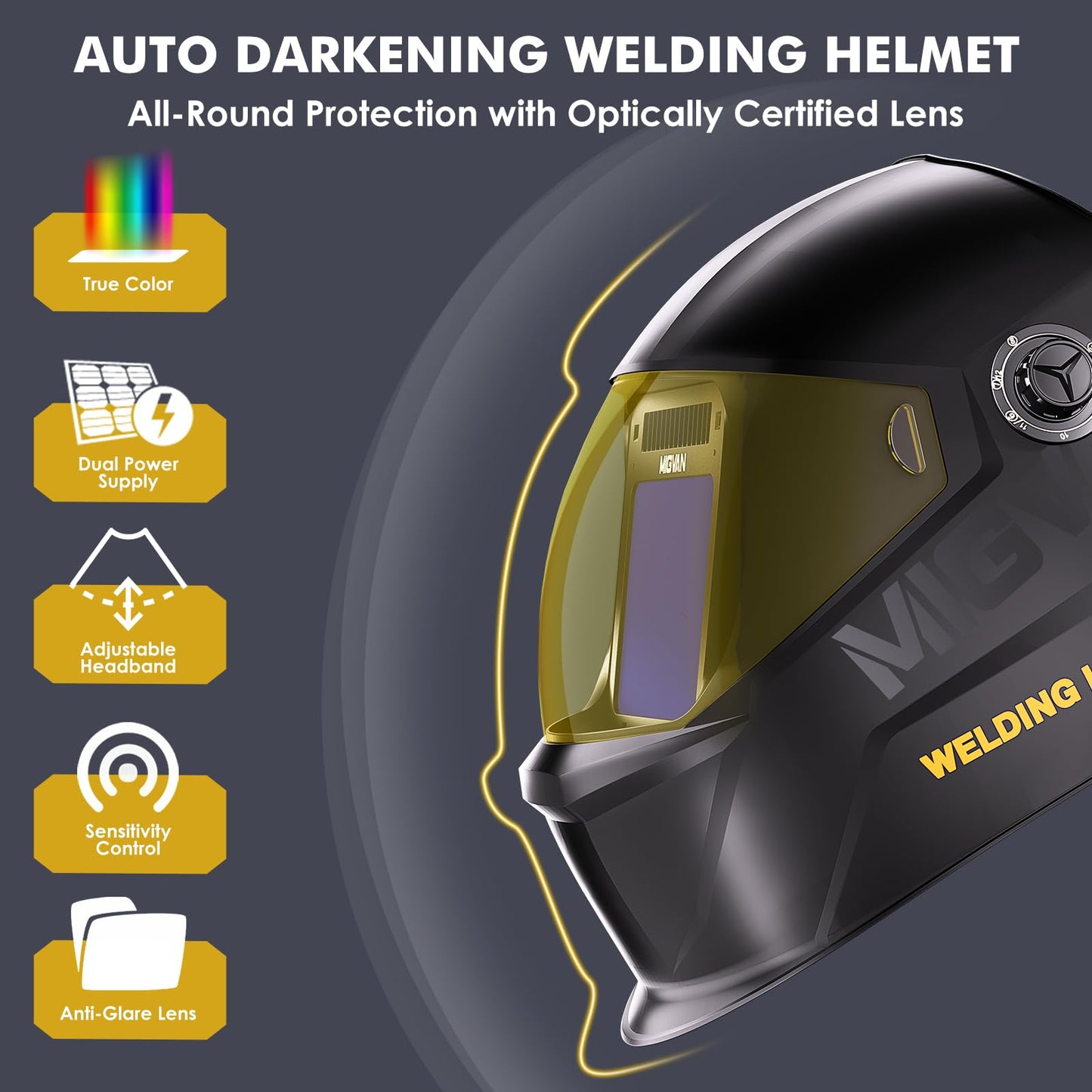 MIGVAN Welding Helmet Auto Darkening H-21, Leather MIG Welding Gloves 16 Inches, Leather MIG Welding Work Apron, Comprehensive Set Simplifies the Welding Tasks.