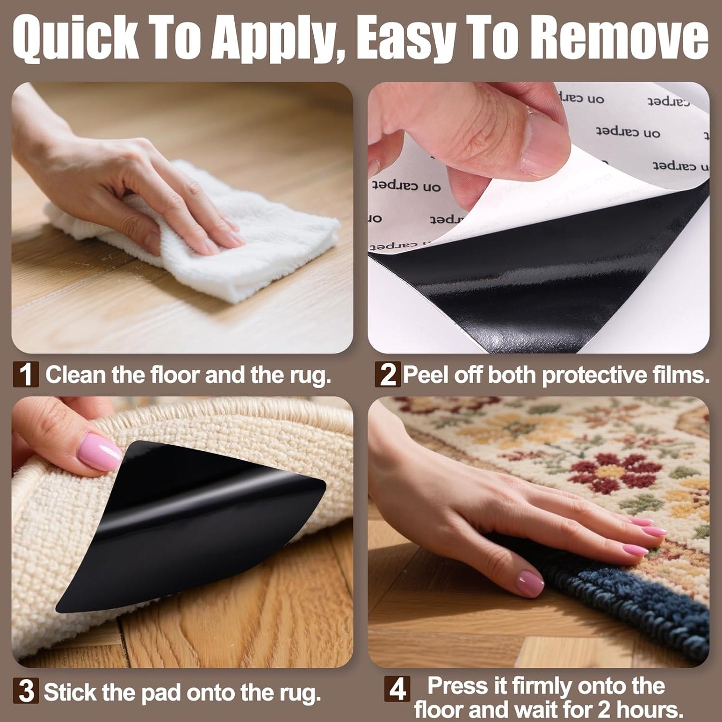 Premium Rug Grippers | 12PCS Anti-Slip Carpet Tape Pads - 3.9 Inch, Prevent Curling & Sliding on Hardwood, Tile & Marble Floors