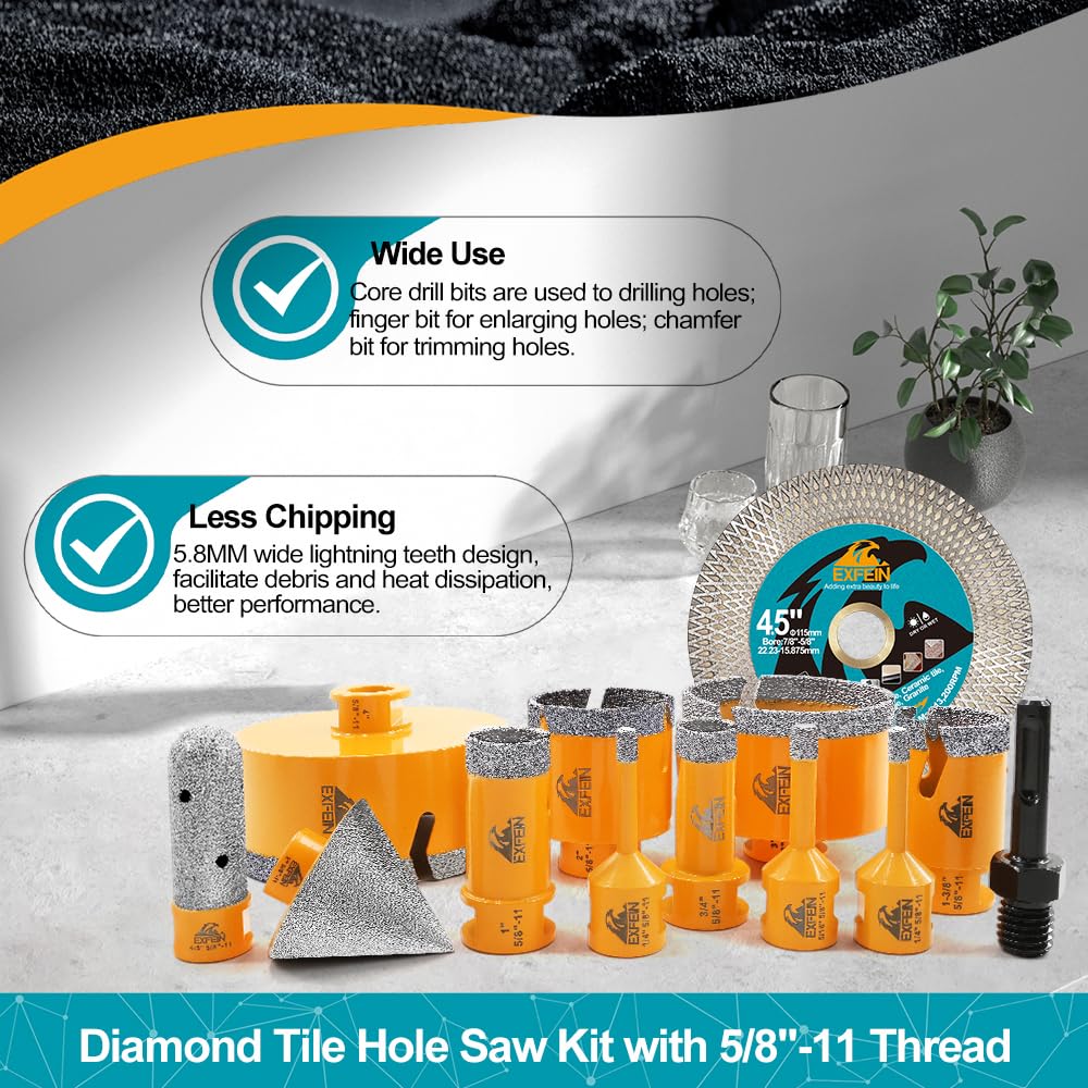 EXFEIN Diamond Tile Hole Saw Kit 13pcs - 6/6/8/19/25/35/50/75/102mm Core Drill Bits and EXFEIN Tile Drill Bits Kit 6mm 5pcs
