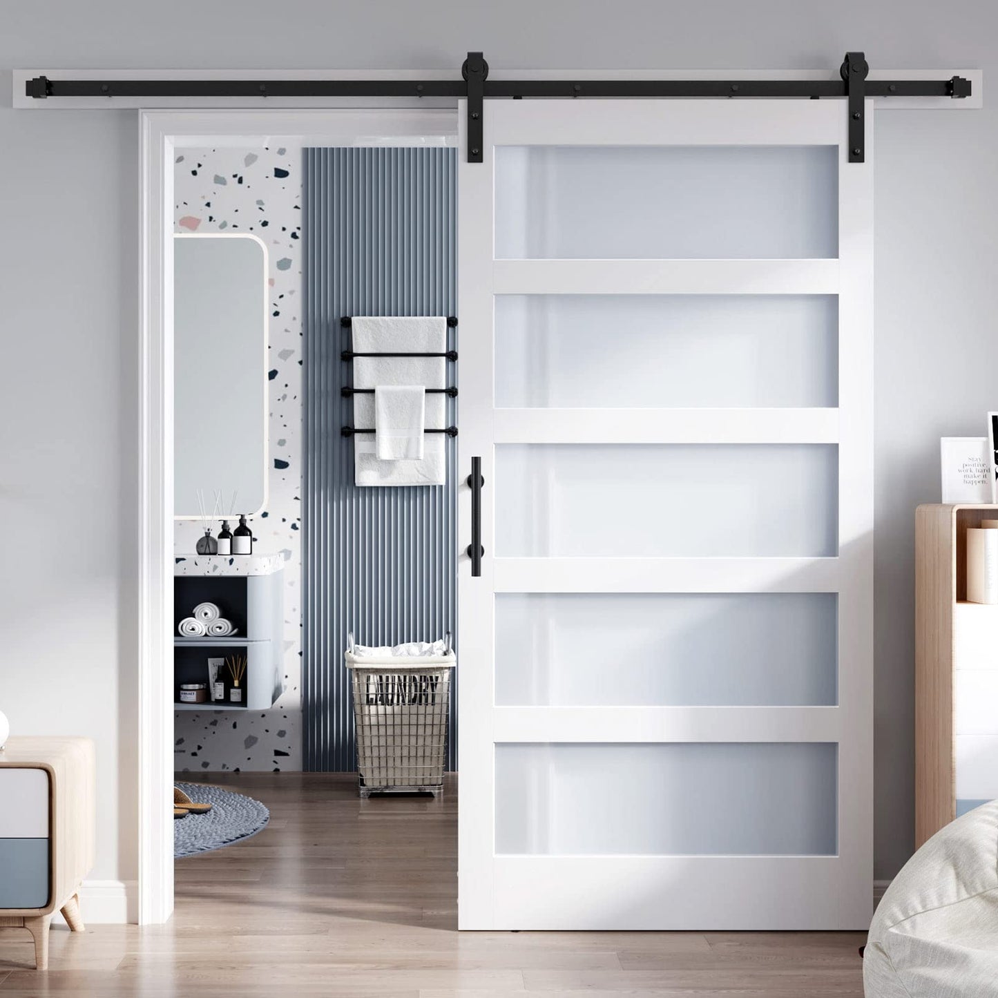 ROYMELO 40x84 Inch Glass Sliding Barn Door Slab and 7ft Hardware Kit Included, 5 Frosted Glass, LVL Wood Panel Covered with White Water-Proof Scratch-Proof PVC Surface, Simple DIY Assembly