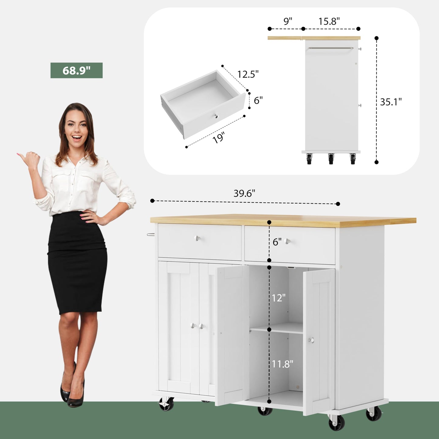 JY QAQA 39" Kitchen Island on Wheels with Storage Cabinet Kitchen Cart Cabinet with Shelves, Cart Handle for Towel Rack or Free Mobility, Portable Islands for Kitchen, White