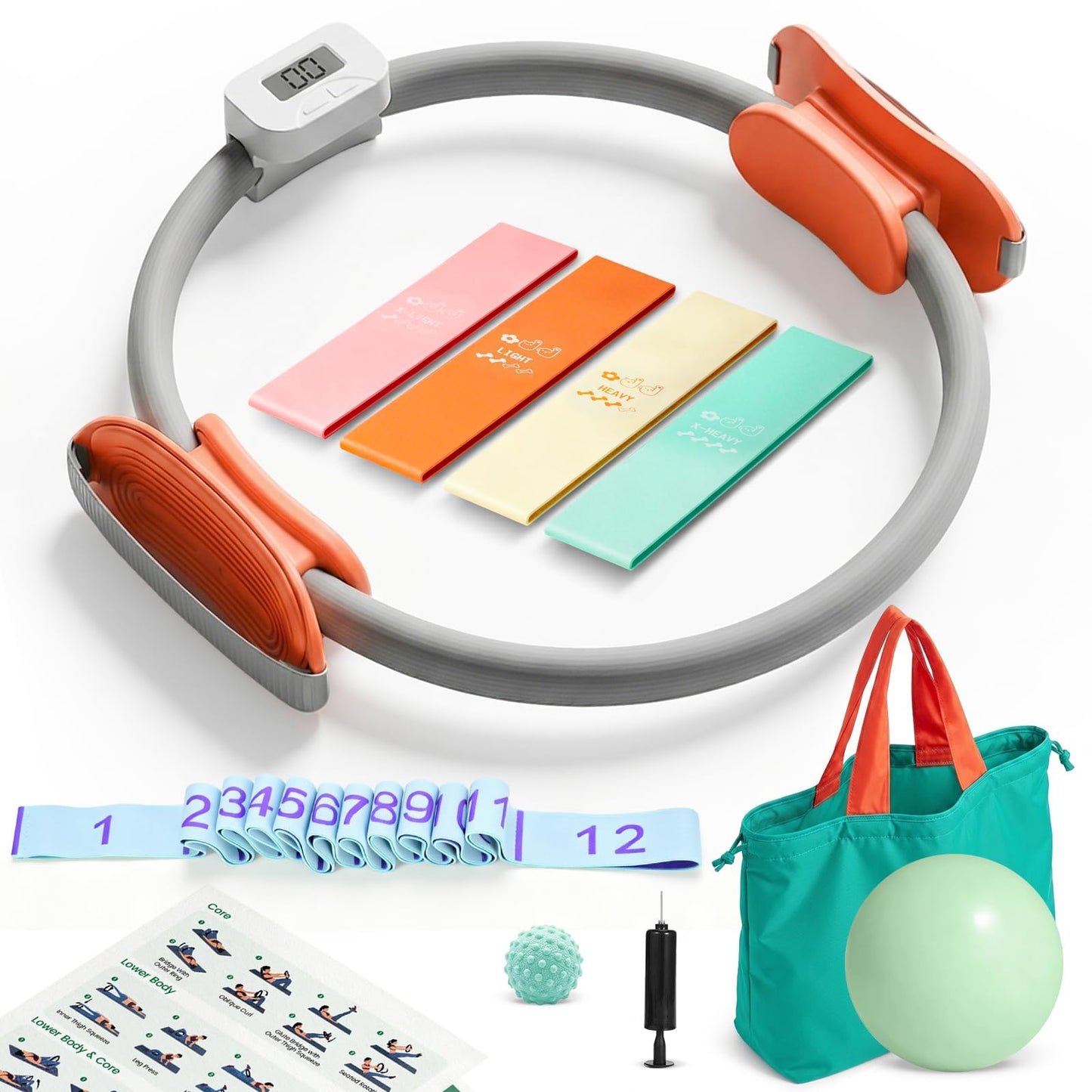 LXFUN Magic Circle Pilates Equipment Kit with Smart Counter - 14" Pilates Ring and Ball Set with Yoga Ball, Resistance Bands, Stretching Strap, Massage Ball & Bag for Home Full Body Workouts