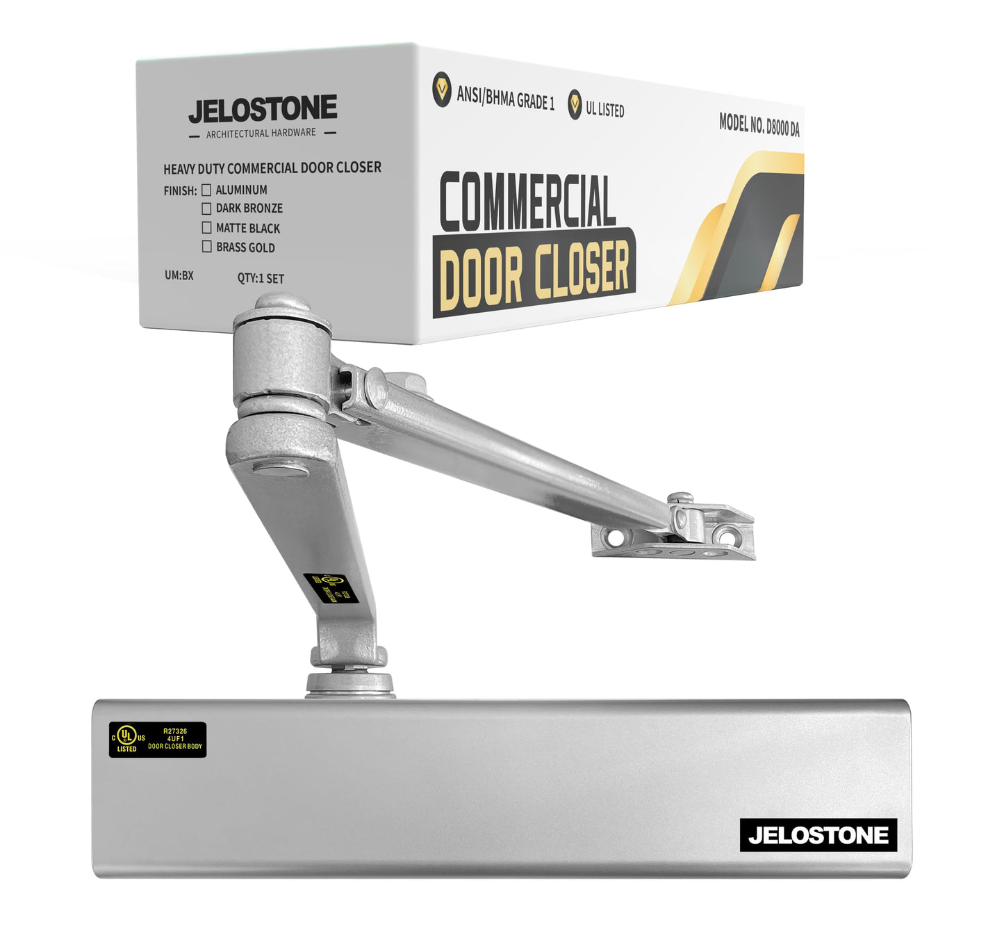 Heavy Duty, Commercial Door Closer D8000DA, ANSI Grade 1, UL 3 Hour Fire Rated, ADA Compliant, Delayed Action, Adjustable Spring Size 1-6 for Doors(44-330LB/30-60 in), Indoor/Outdoor (Aluminum)