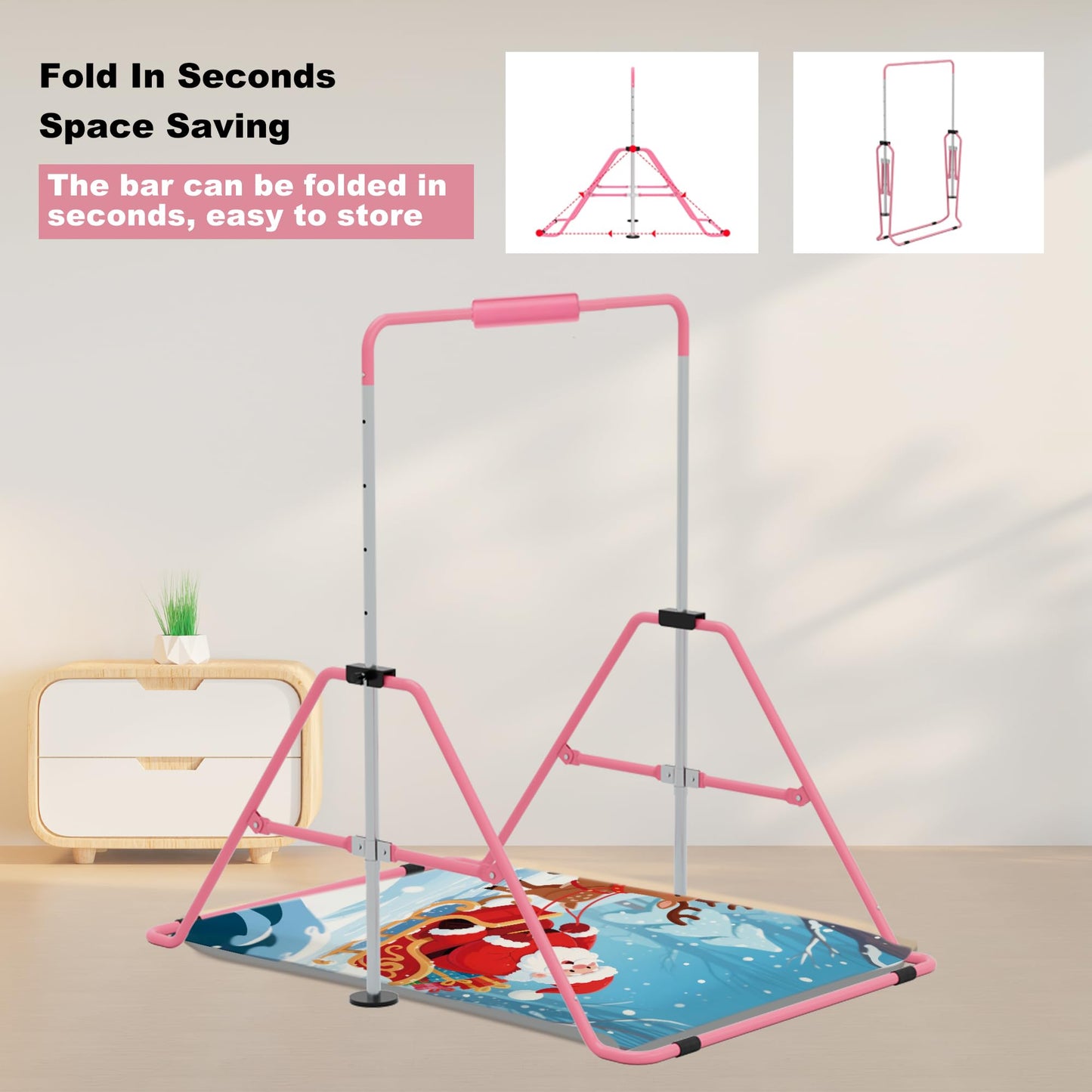 Jivifao Gymnastics Bar with Self-Inflating Mat for Kids, Adjustable Height Gymnastic Horizontal Bars with Mat, Folding Gymnastic Training Monkey Bars, Junior Expandable Training Kip Bar for Home