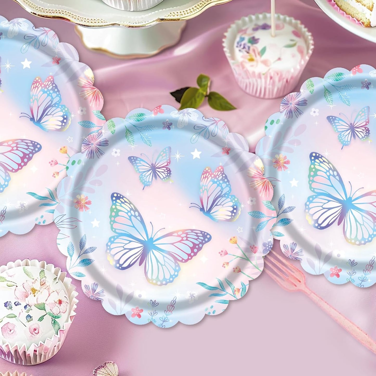 Skiennix 7-Inch Butterfly Paper Plates - 40 Count Disposable Dessert Plates for Birthday Parties & Baby Showers