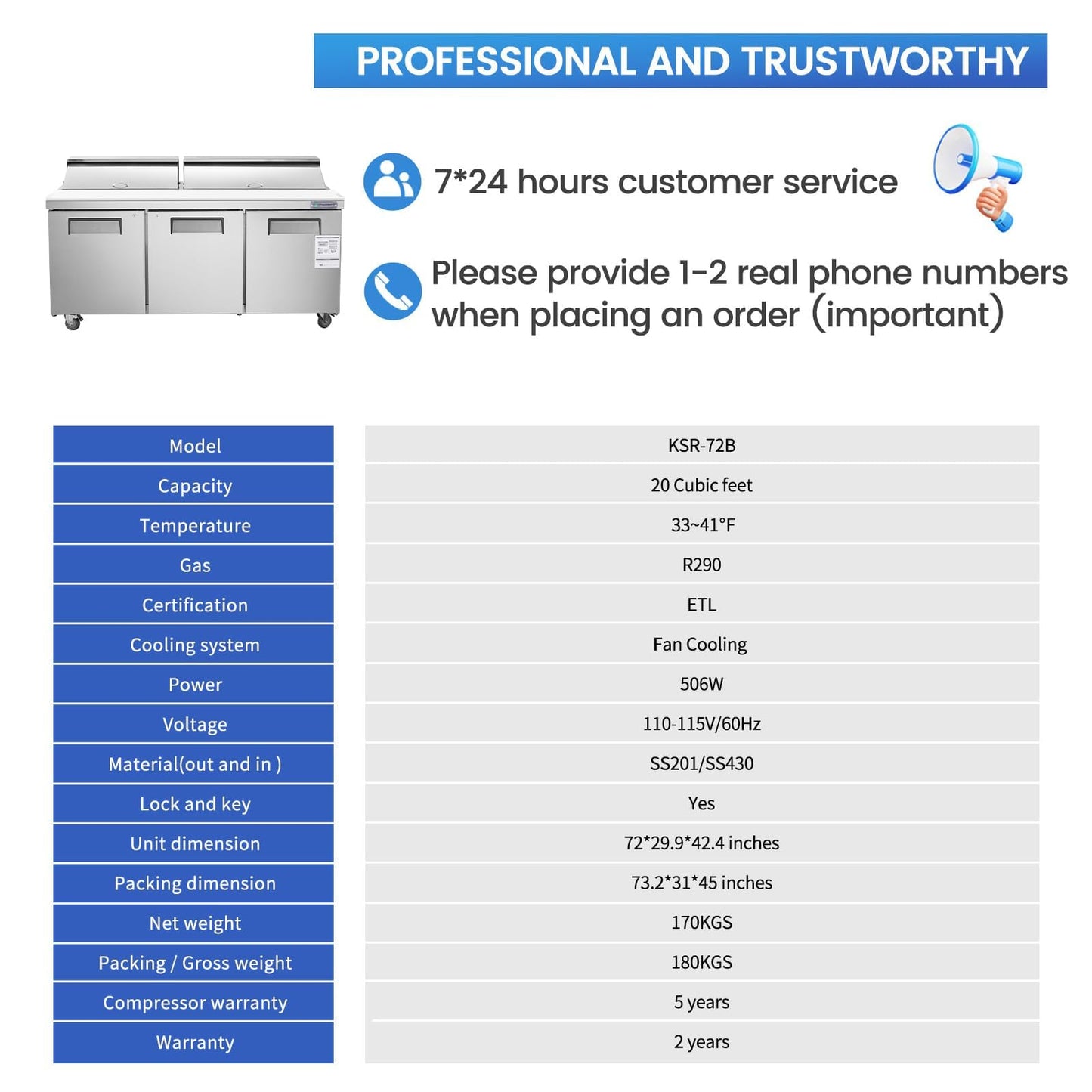 kalifon 72" W 3 Door Commercial Refrigerator Sandwich Salad Prep Table Stainless Steel Fan Cooling Refrigerator with Cutting Board, 3 Shelves & 30 Pans for Restaurant, Bar, Shop-20 Cu.ft