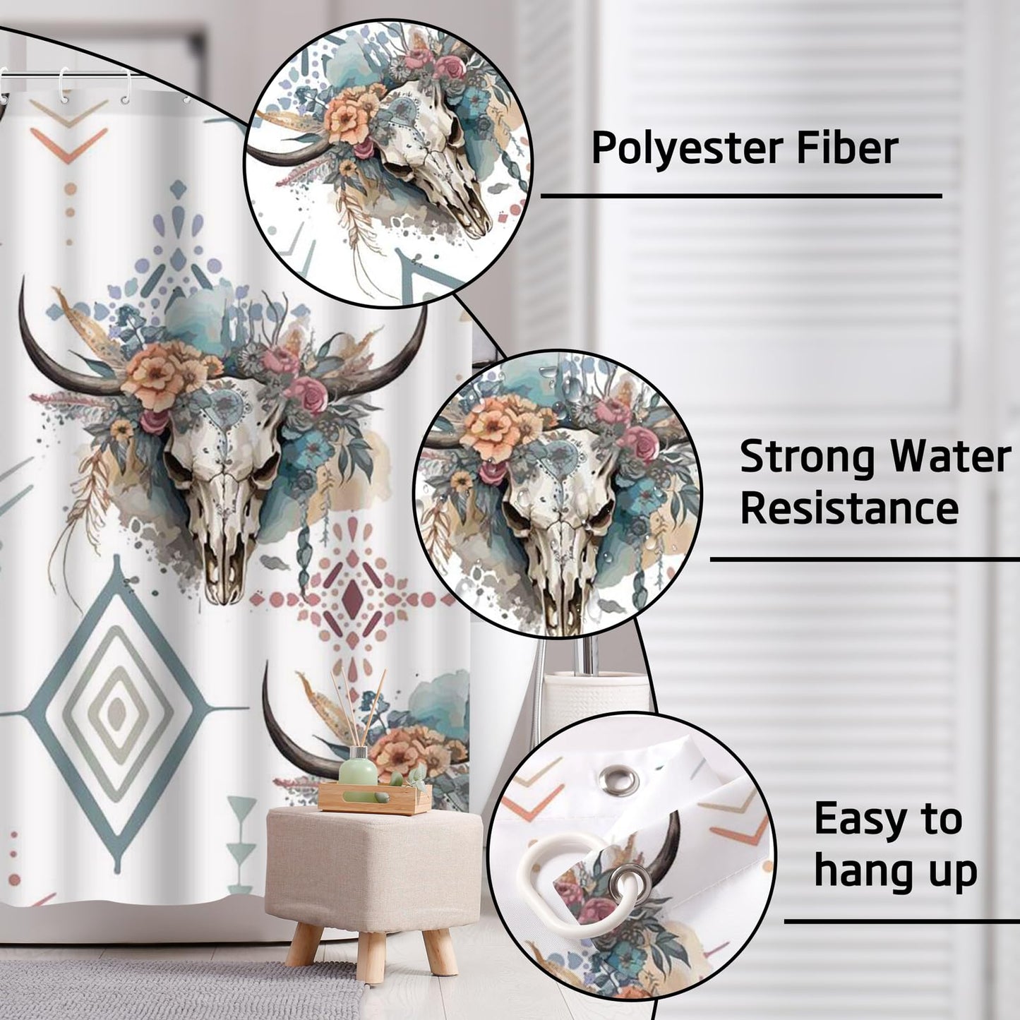 Ticuenicoa Western Cow Skull Shower Curtain Set, 4 Pcs 72x72 Inch Bathroom Decor with Bath Mat, U-Shape Rug, Toilet Lid Cover & 12 Rustic Hooks, Waterproof Anti-Slip Design