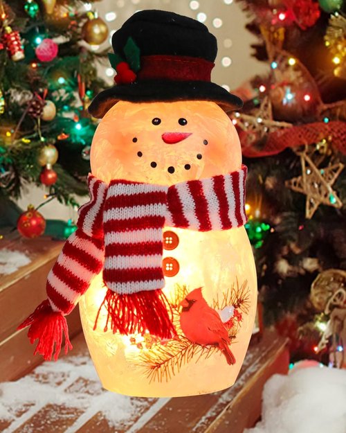Bdor Snowman Christmas Decoration - 6.3 Inch Glass Figurine with Cardinal & Red Scarf | Warm Glow Holiday Décor