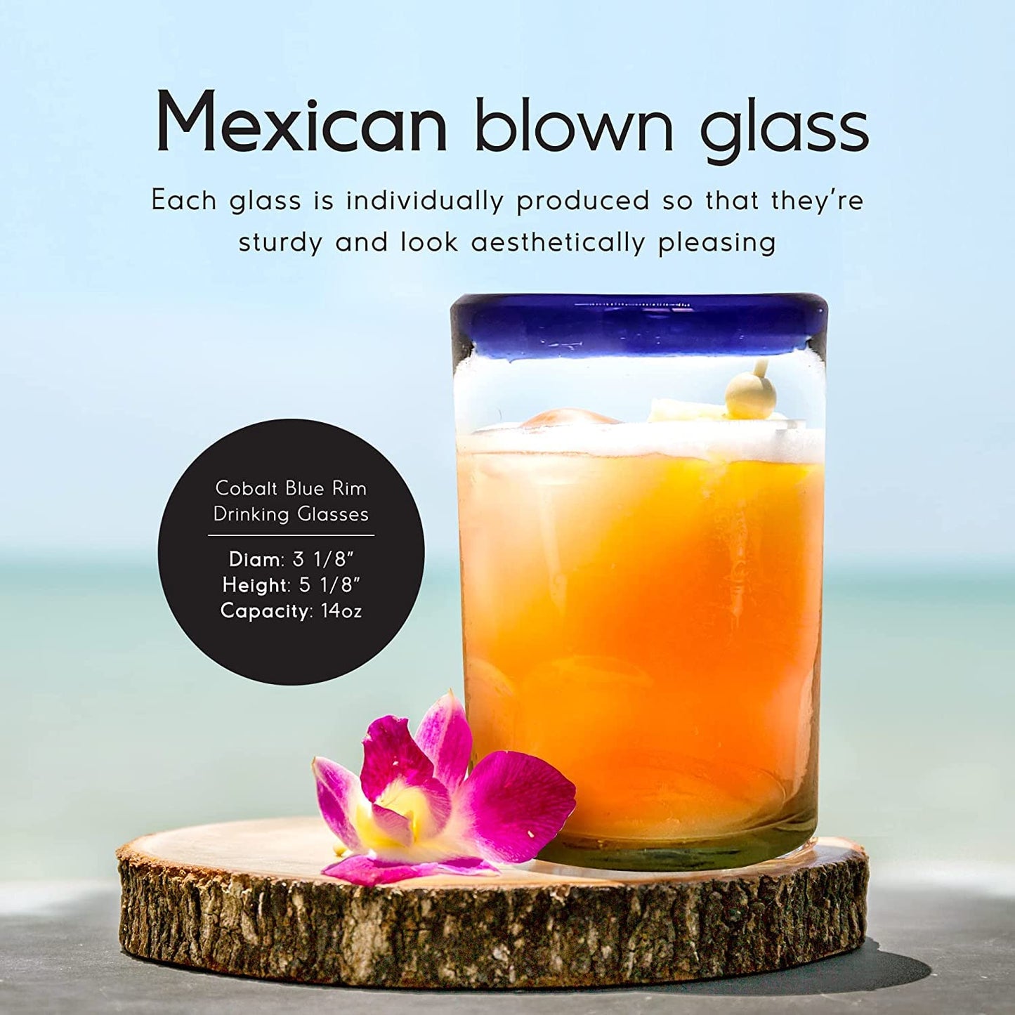 MexHandcraft Cobalt Blue Rim 14 oz Drinking Glasses (set of 6), Recycled Glass, Lead-free, Toxin-Free (Drinking)