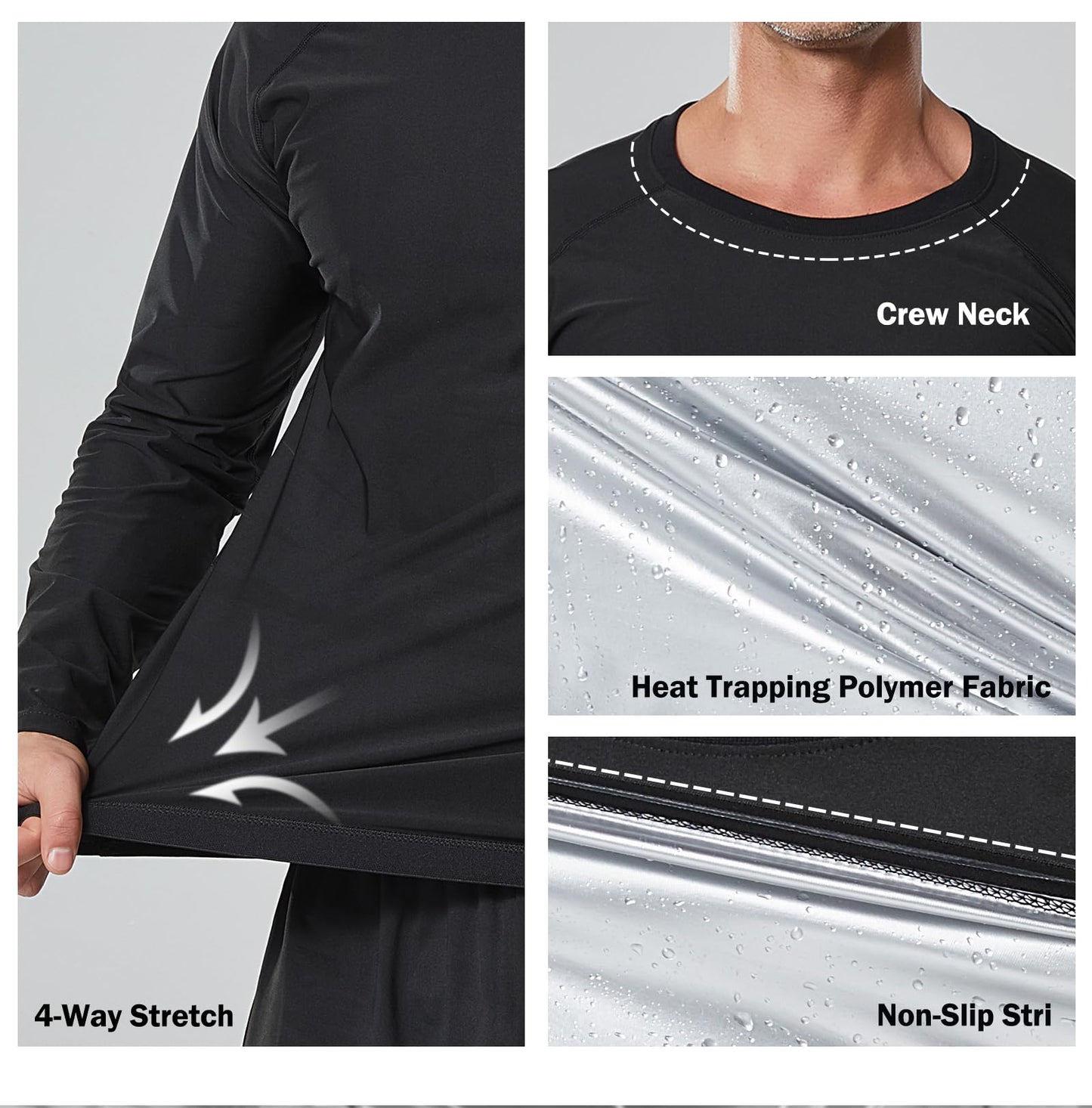 Towintec Sauna Suit for Men Long Sleeve Heat Trapping Sweat Shirt Weight Loss Body Shaper Vest Hot Workout Gym Gear Compression Shirts for MMA Training Sports Athletic Body Smoothing Tops（Silver,M）