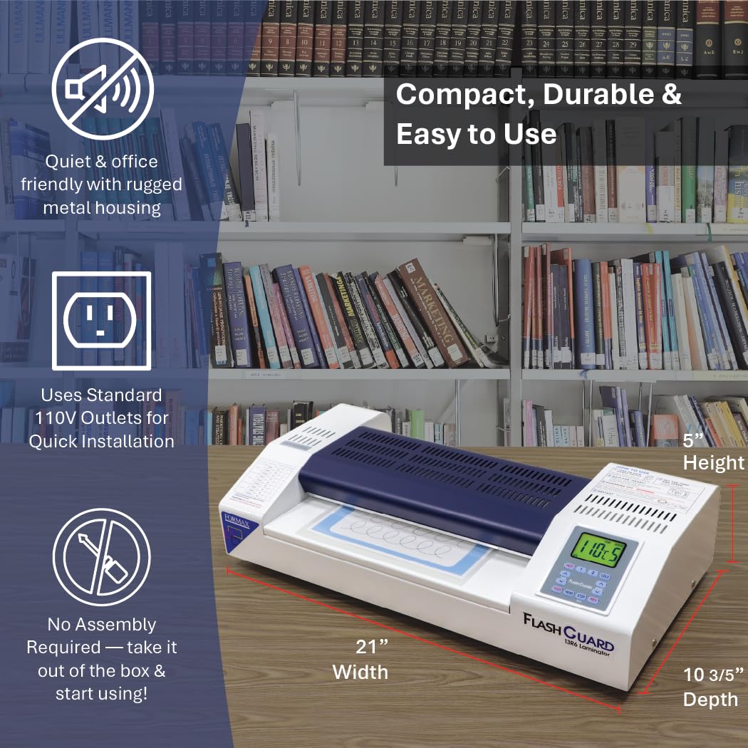 Formax FlashGuard 13R6 Laminator; 1500W; 110-120V, 50/60Hz; 15A; Heavy-Duty 6 Roller System; All-Metal Construction; Graphics-Based LCD Screen; Variable Temperature and Speed