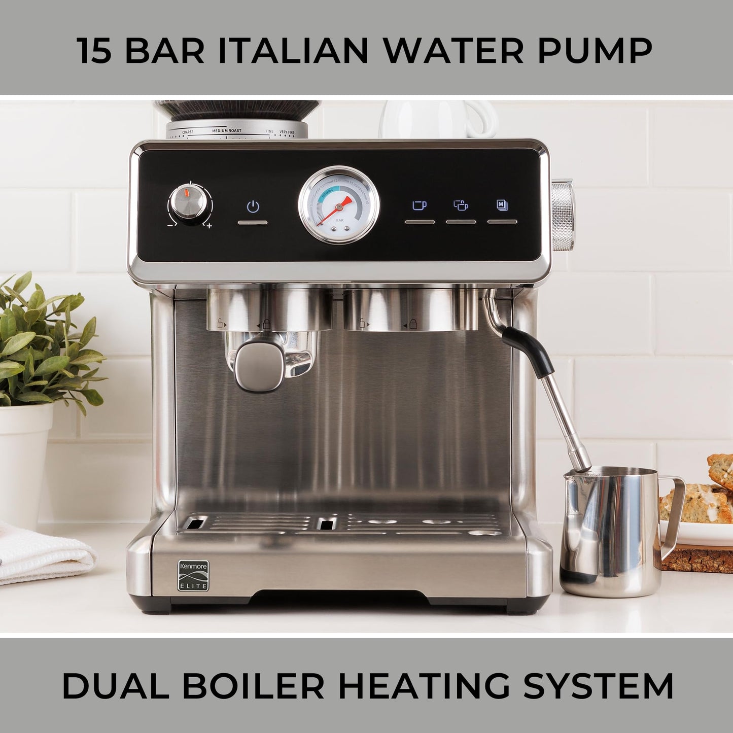 Kenmore Espresso Machine - Automatic Coffee Maker With Auto Tamper, Auto Cleaning, Milk Steamer & Frother, Bean Grinder, Make Professional Barista Style Cappuccino, Latte, Stainless Steel