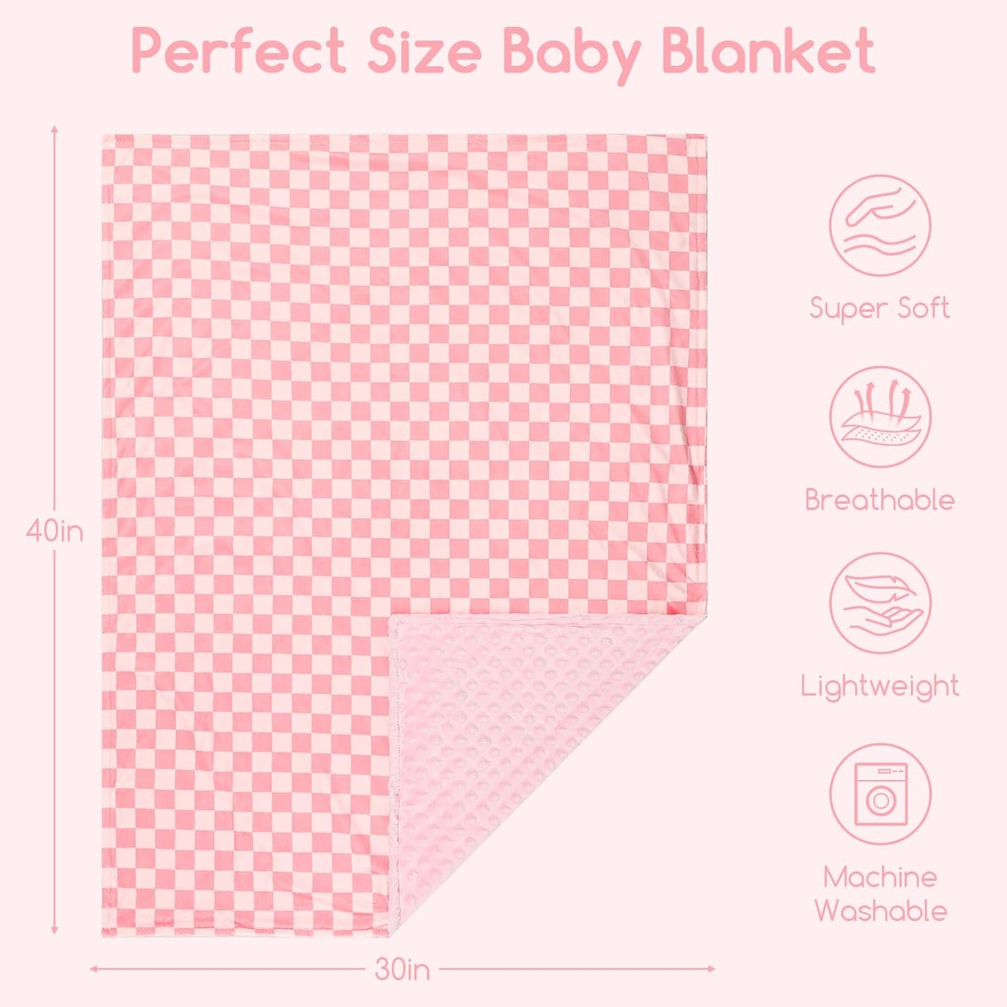 Skiennix Baby Blanket - Double Layer Toddler Blanket with Dotted Backing | Pink Checkered, 30x40 Inches