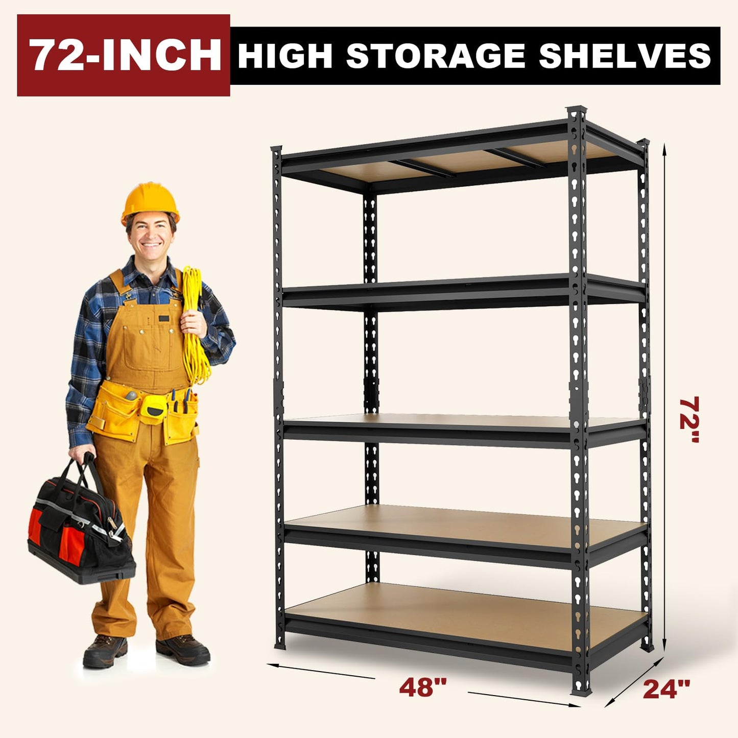 Big RED 5 Tier Heavy Duty Garage Storage Shelving: Adjustable Metal Utility Shelving Rack for Garage, Basement, Pantry, Closet - 3,000lb Capacity (72"x48"x24") Black