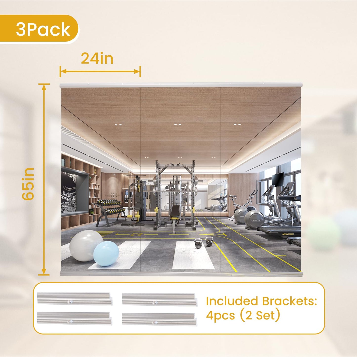 yarnuwa 65X24 3Pack Large Home Gym Mirror, Frameless Tempered Glass Dance Wall Mounted Mirror for Home, Yoga, Dancing, Studio, Living Room