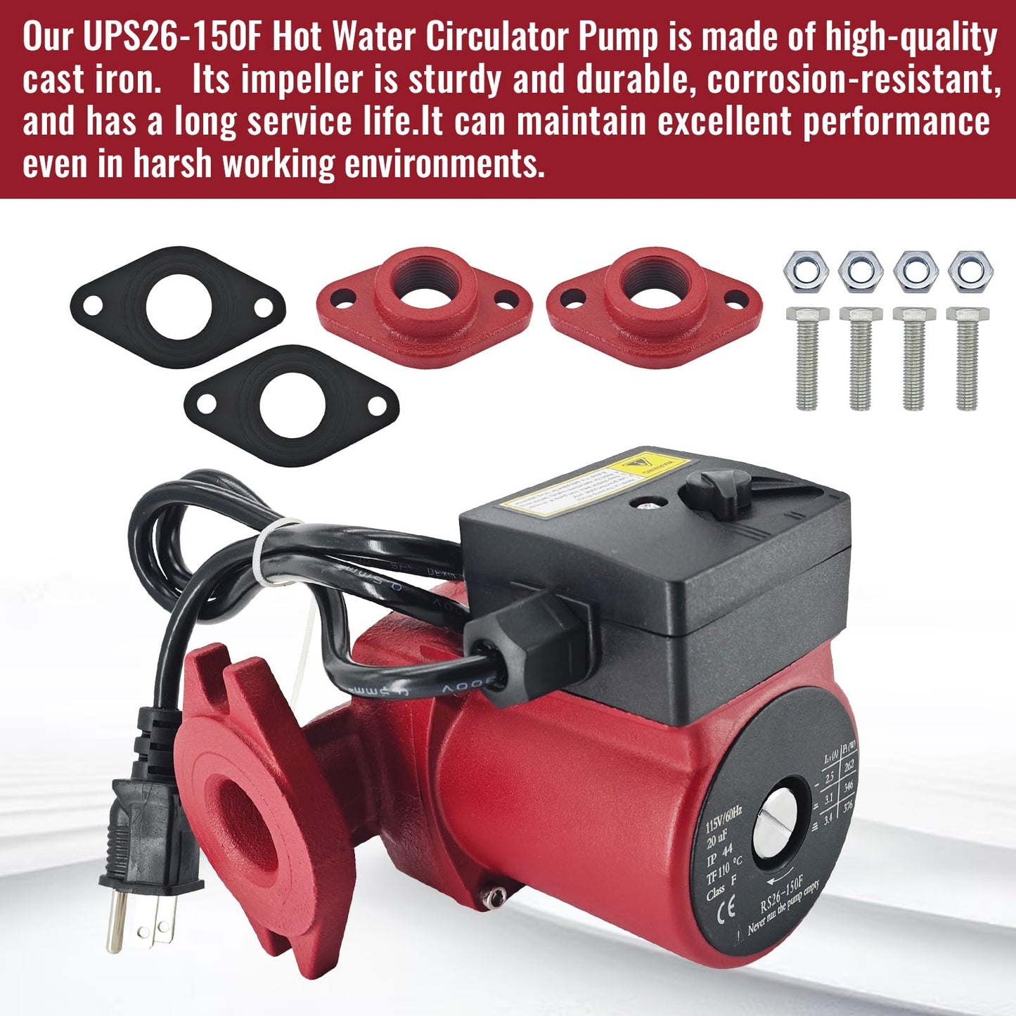 Hot Water Circulator Pump 115V 3-Speed Circulation Pump Cast Iron Recirculating Pump 1/3 HP Compatible with Grundfos UPS26-150F 95906630 for Various Closed-loop Systems