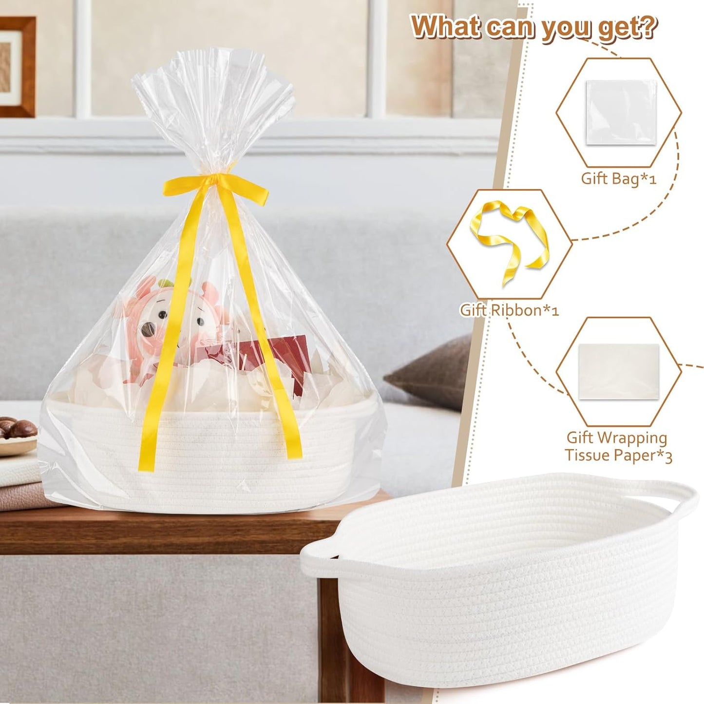 OIAHOMY Woven Gift Basket - Small 12"x8"x5" with Handle, Gift Bag, Ribbon & Tissue Paper - White Dog Toy Storage