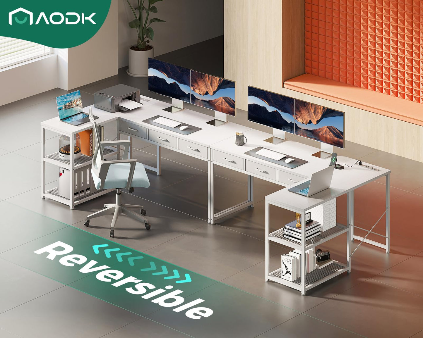 AODK 53 Inch L Shaped Computer Desk with Drawers, Corner Desk with Power Outlets & Reversible Storage Shelves, for Home Office Gaming, White