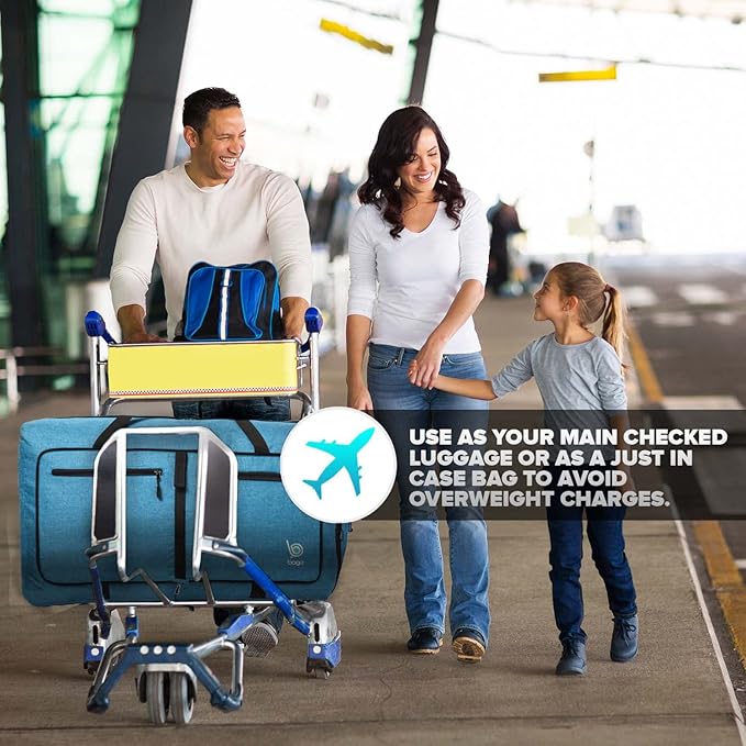 Bago Large Foldable Duffel Bags for Traveling Women & Men - 80L Packable Duffle Bag for Travel with Shoe Compartment - Water Repellant, Heavy Duty, Lightweight Folding & Collapsible (SnowBlue)