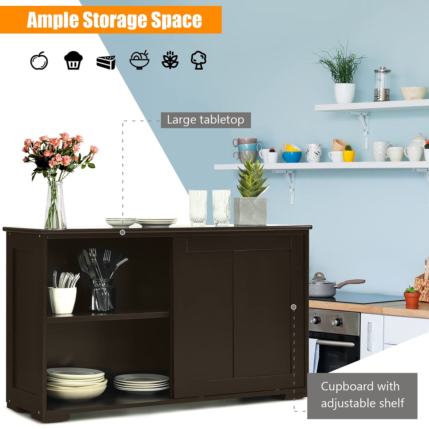 Byroce Buffet Cabinet Sideboard, Wood Storage Credenza Cupboard with Adjustable Shelf & 2 Sliding Doors, Stackable Coffee Bar Cabinet Console Table for Dining Room, Living Room, Kitchen (1, Black)