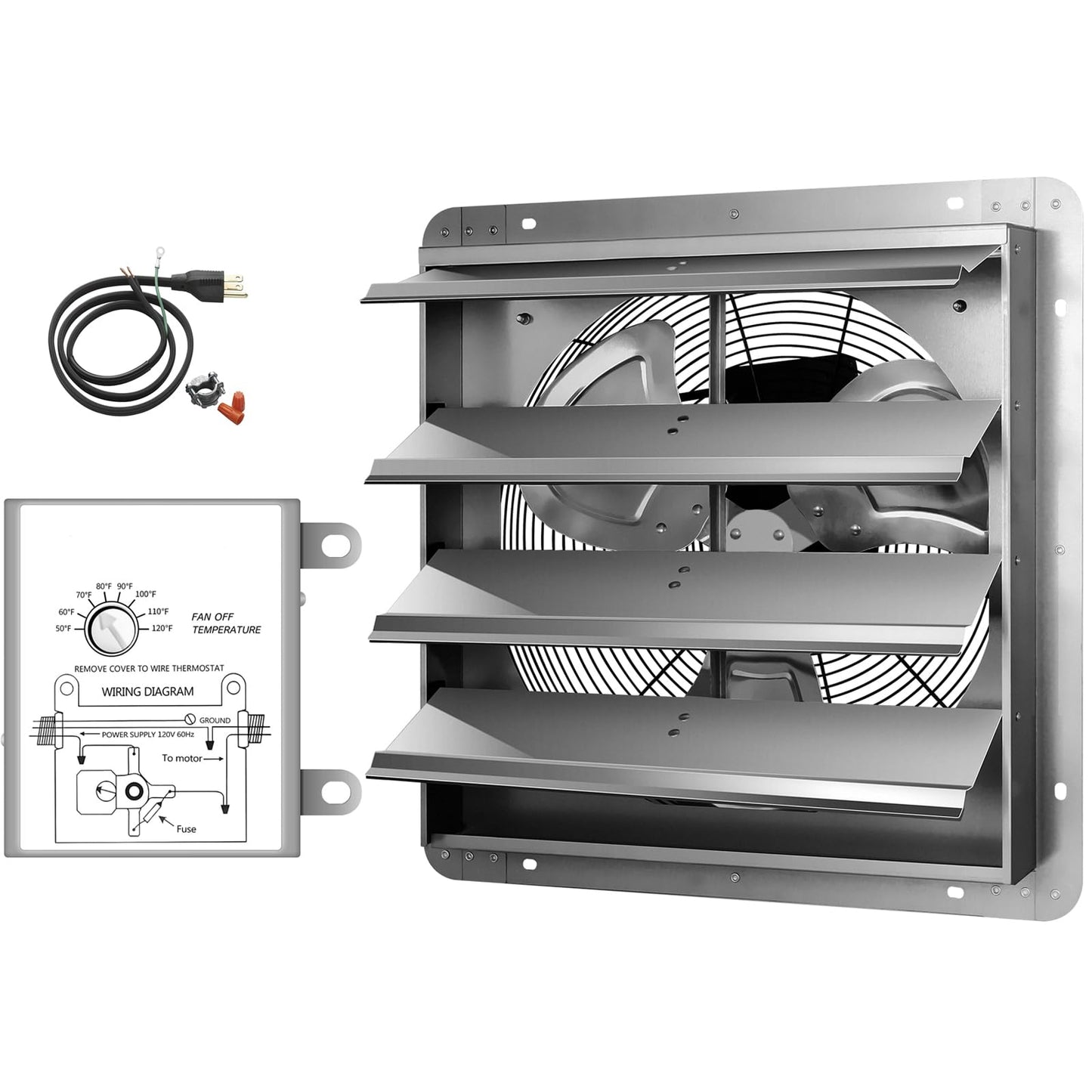 Simple Deluxe 18 Inch Wall Mounted Shutter Exhaust Fan with Temperature Controller and Power Cord Kit, Aluminum, 1400 RPM, 2000 CFM, for Greenhouse, Attic, Garage, Louvered Vent, Plant, Silver